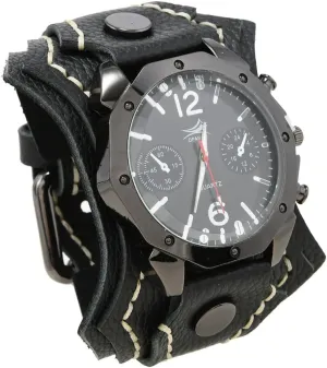 MINILUJIA Handmade Men Watches with Wax Rope Sewn Vintage Punk Hip-Hop Gothic Wide Genuine Soft Leather Cool Cuff Wristwatch Personalized Watch Round Black Dial