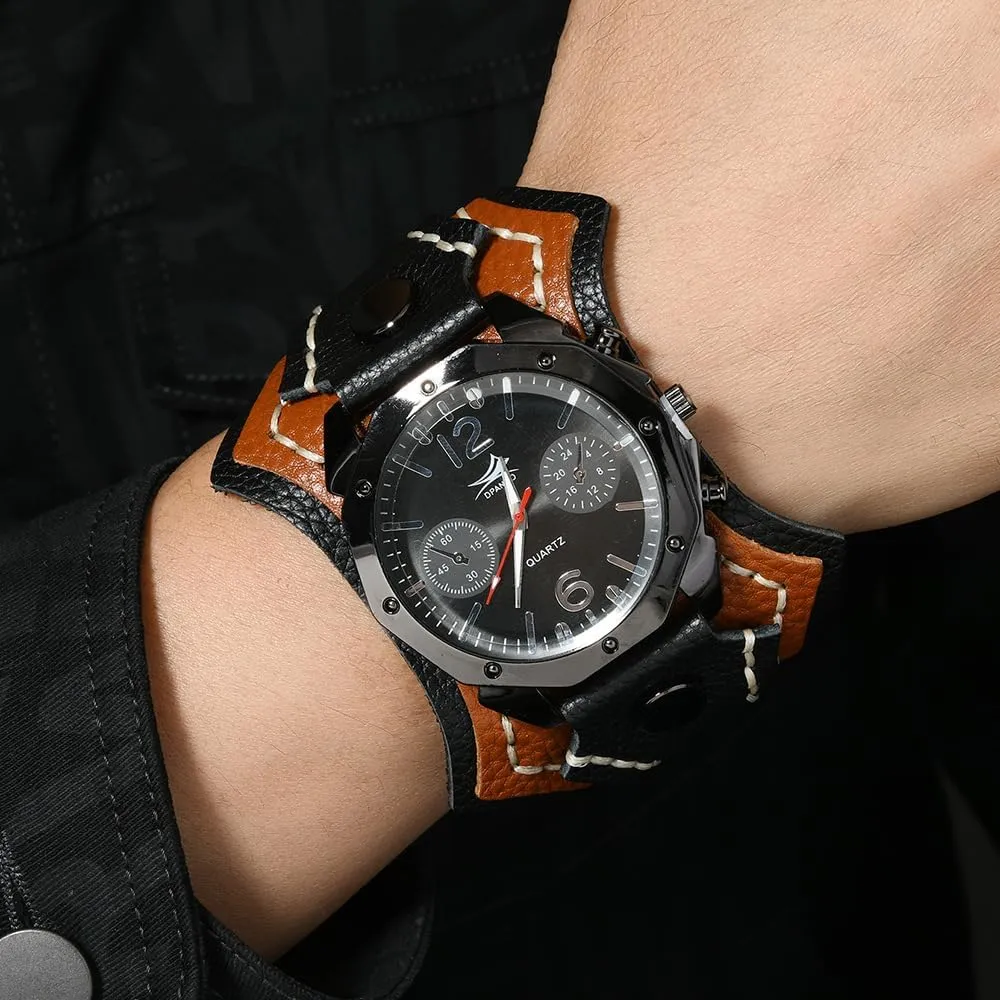 MINILUJIA Handmade Men Watches with Wax Rope Sewn Vintage Punk Hip-Hop Gothic Wide Genuine Soft Leather Cool Cuff Wristwatch Personalized Watch Round Black Dial