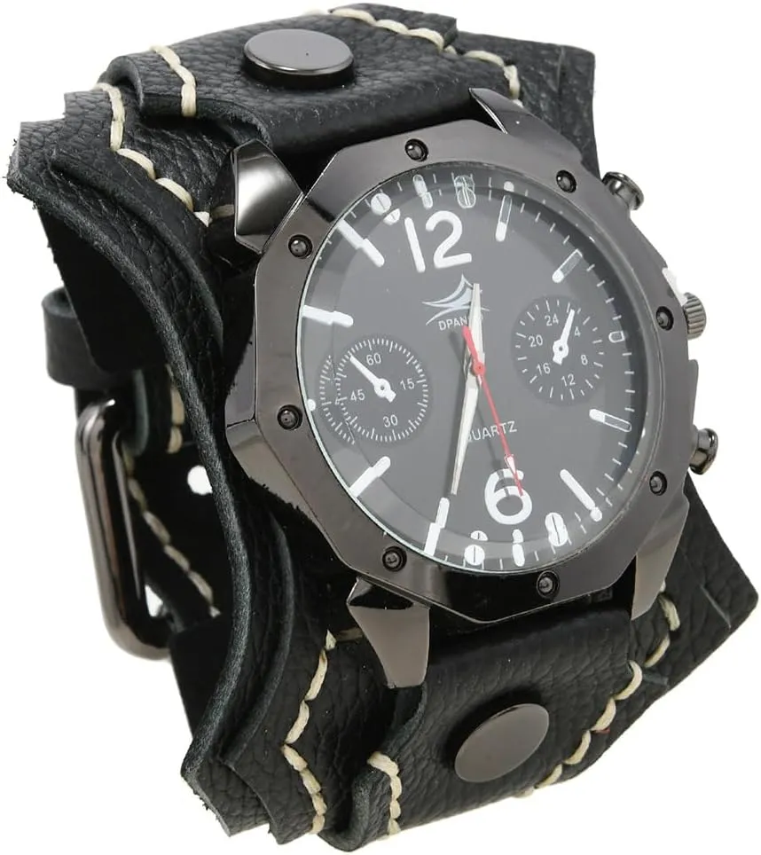 MINILUJIA Handmade Men Watches with Wax Rope Sewn Vintage Punk Hip-Hop Gothic Wide Genuine Soft Leather Cool Cuff Wristwatch Personalized Watch Round Black Dial