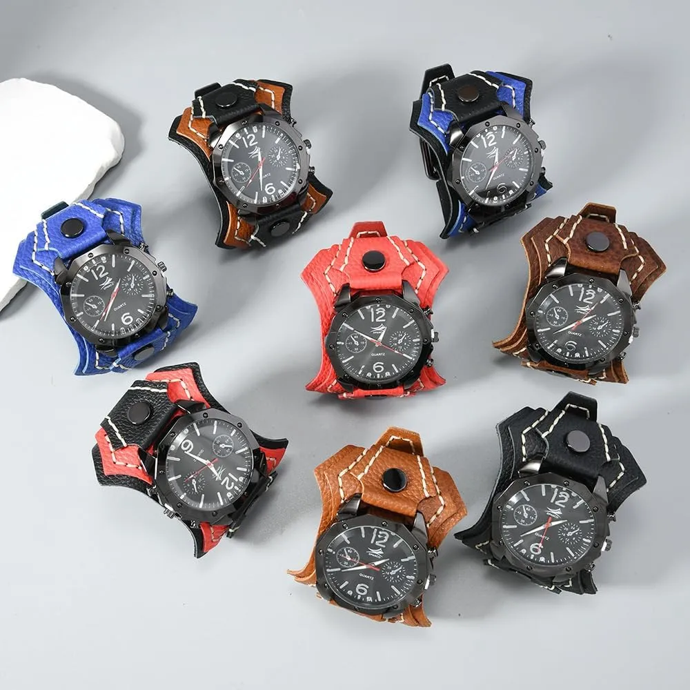 MINILUJIA Handmade Men Watches with Wax Rope Sewn Vintage Punk Hip-Hop Gothic Wide Genuine Soft Leather Cool Cuff Wristwatch Personalized Watch Round Black Dial