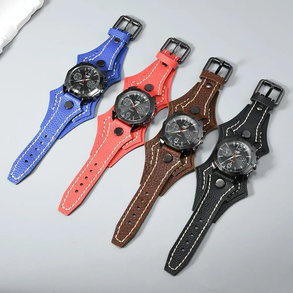 MINILUJIA Handmade Men Watches with Wax Rope Sewn Vintage Punk Hip-Hop Gothic Wide Genuine Soft Leather Cool Cuff Wristwatch Personalized Watch Round Black Dial
