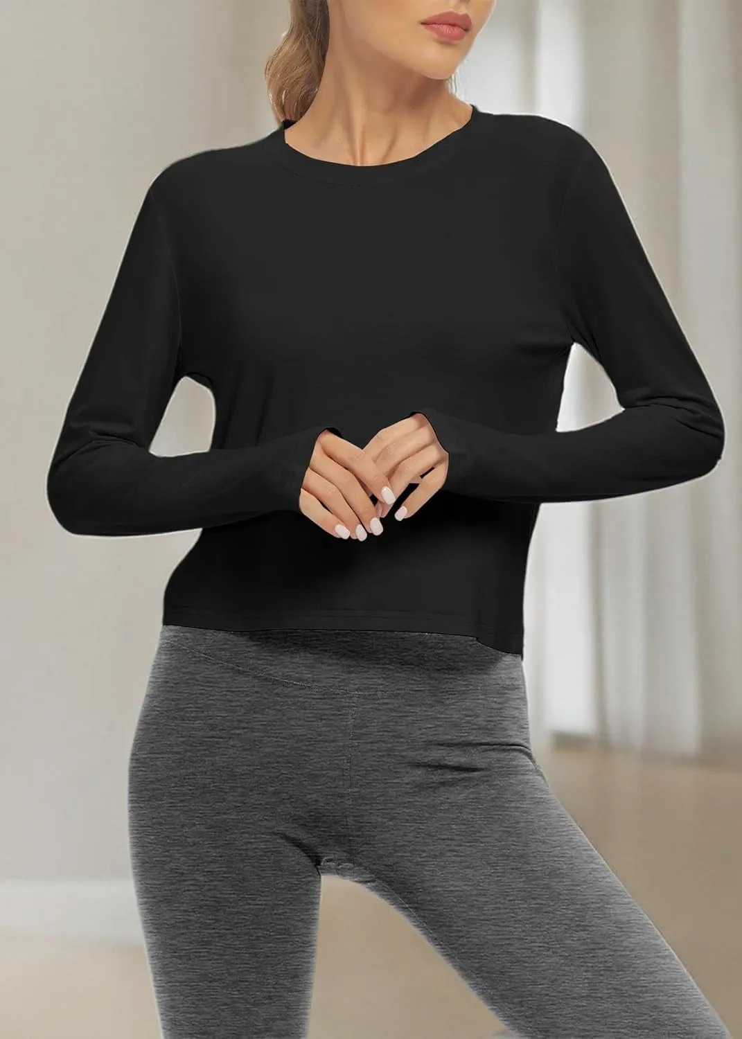 Mippo Long Sleeve Workout Tops Slightly Cropped Shirts for Women to Wear with Leggings