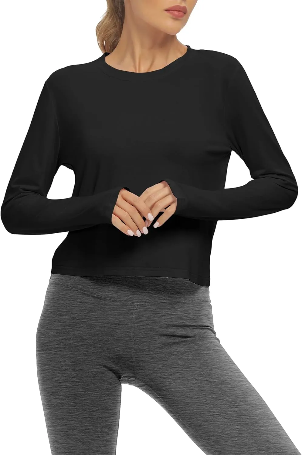 Mippo Long Sleeve Workout Tops Slightly Cropped Shirts for Women to Wear with Leggings
