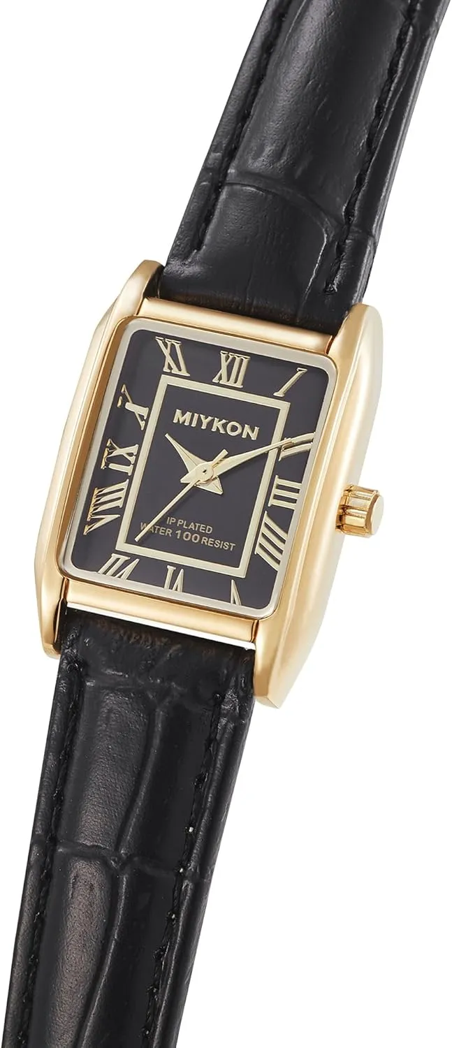 Miykon Vintage Watches for Women | Small Dainty Tank, Square Womens Watch with Genuine Leather Strap and Second Hand | Ion Polished, Luminous Hands, Scratch Resist, Japan Quartz, 100ft Water Resistant