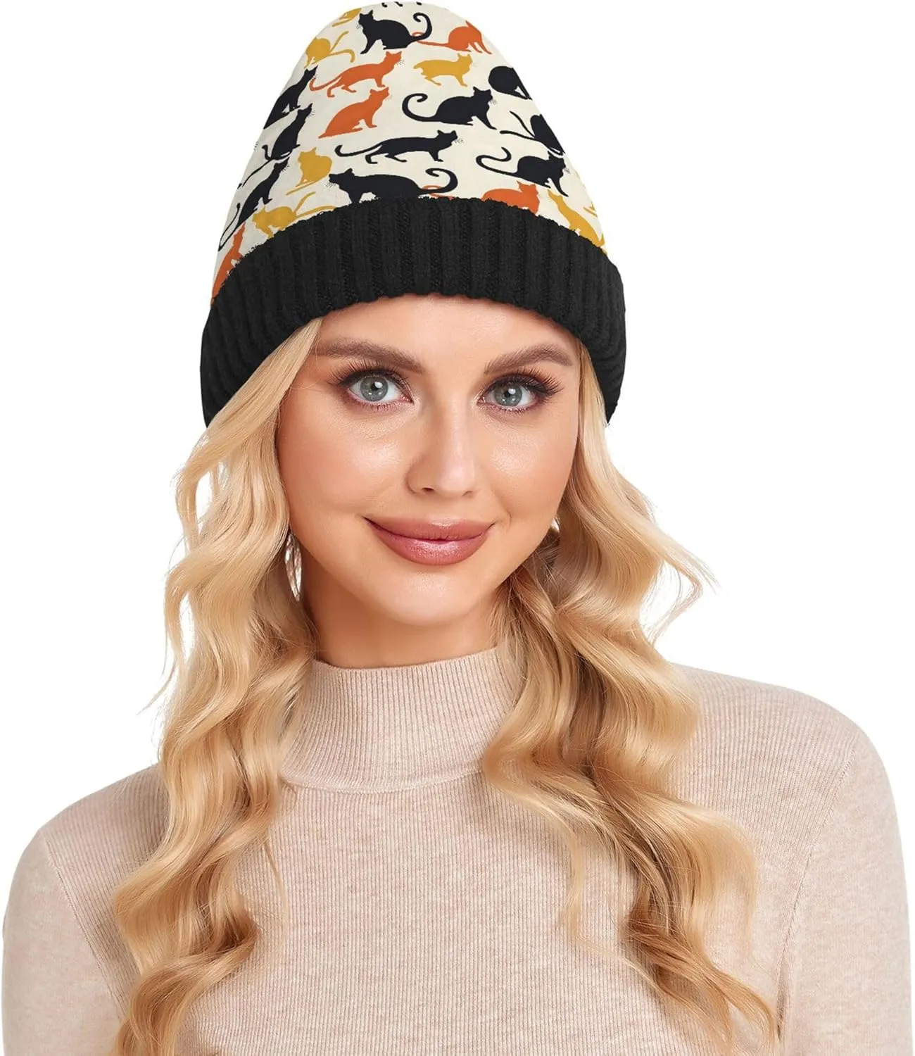 MNSRUU Black Beanie Hat Line Beanie Hat for Men Women Beanie Cap Roll-up Edge Skullcap