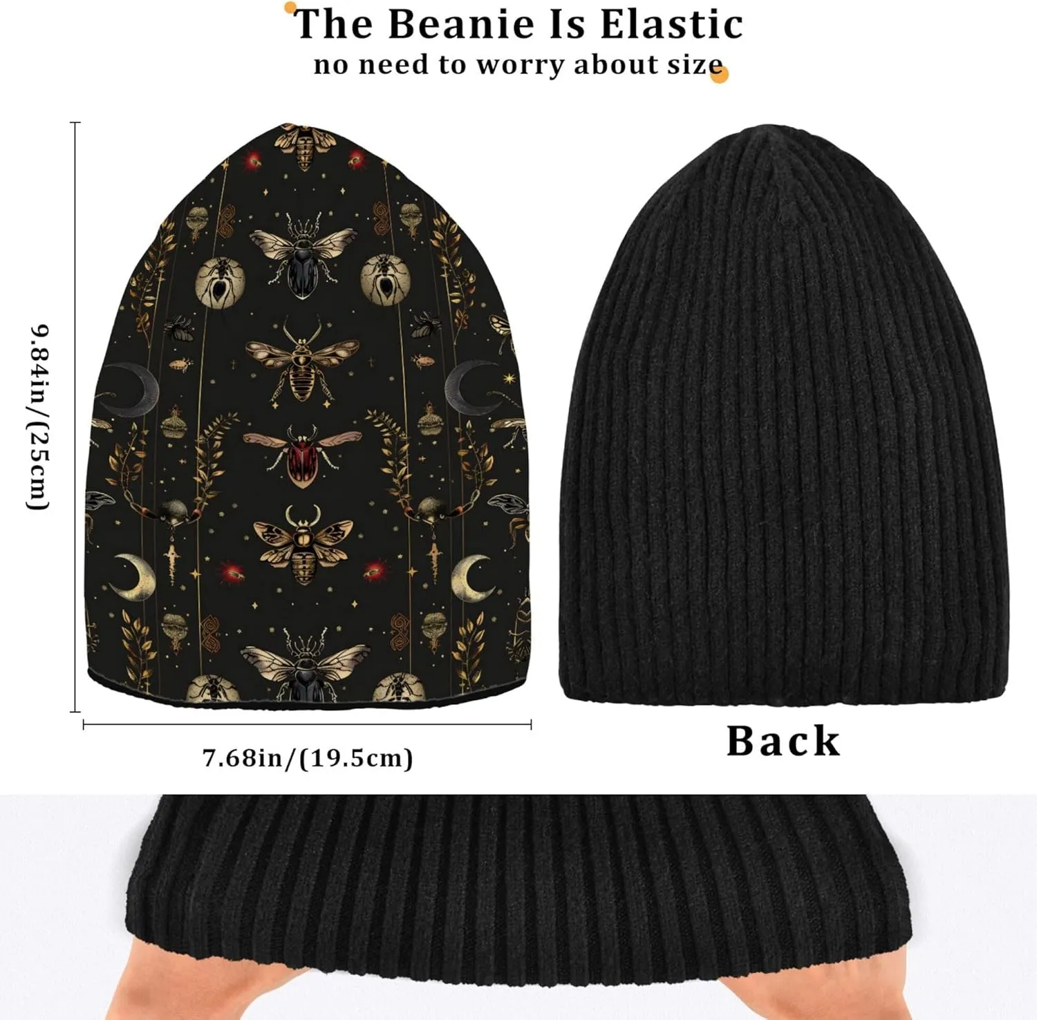 MNSRUU Black Beanie Hat Neon Purple and Bats Stars and Moons Beanie Hat for Men Women Beanie Cap Roll-up Edge Skullcap