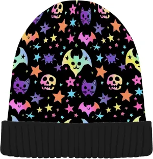 MNSRUU Black Beanie Hat Neon Purple and Bats Stars and Moons Beanie Hat for Men Women Beanie Cap Roll-up Edge Skullcap