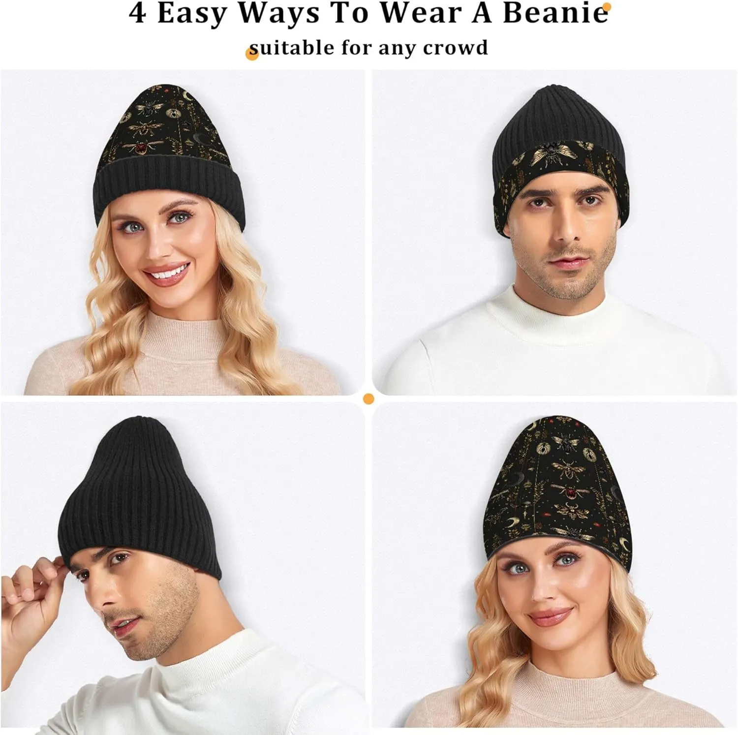 MNSRUU Black Beanie Hat Neon Purple and Bats Stars and Moons Beanie Hat for Men Women Beanie Cap Roll-up Edge Skullcap