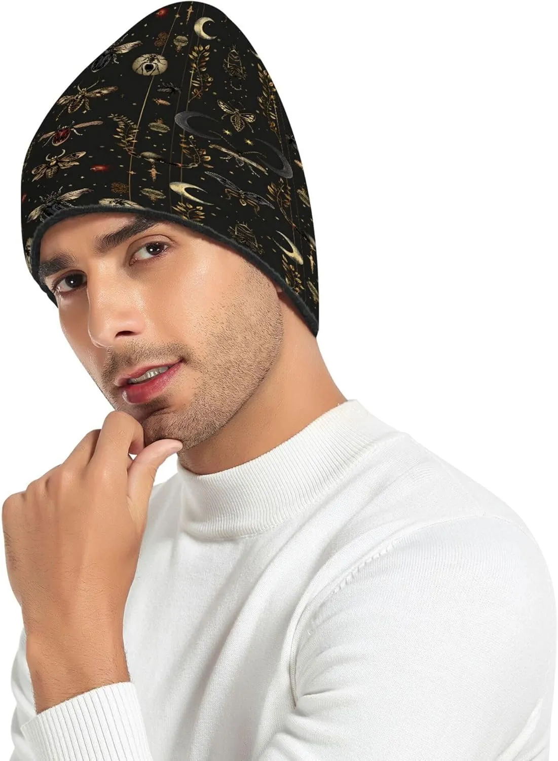 MNSRUU Black Beanie Hat Neon Purple and Bats Stars and Moons Beanie Hat for Men Women Beanie Cap Roll-up Edge Skullcap