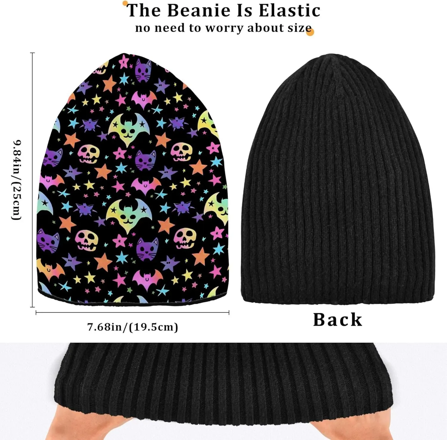MNSRUU Black Beanie Hat Neon Purple and Bats Stars and Moons Beanie Hat for Men Women Beanie Cap Roll-up Edge Skullcap