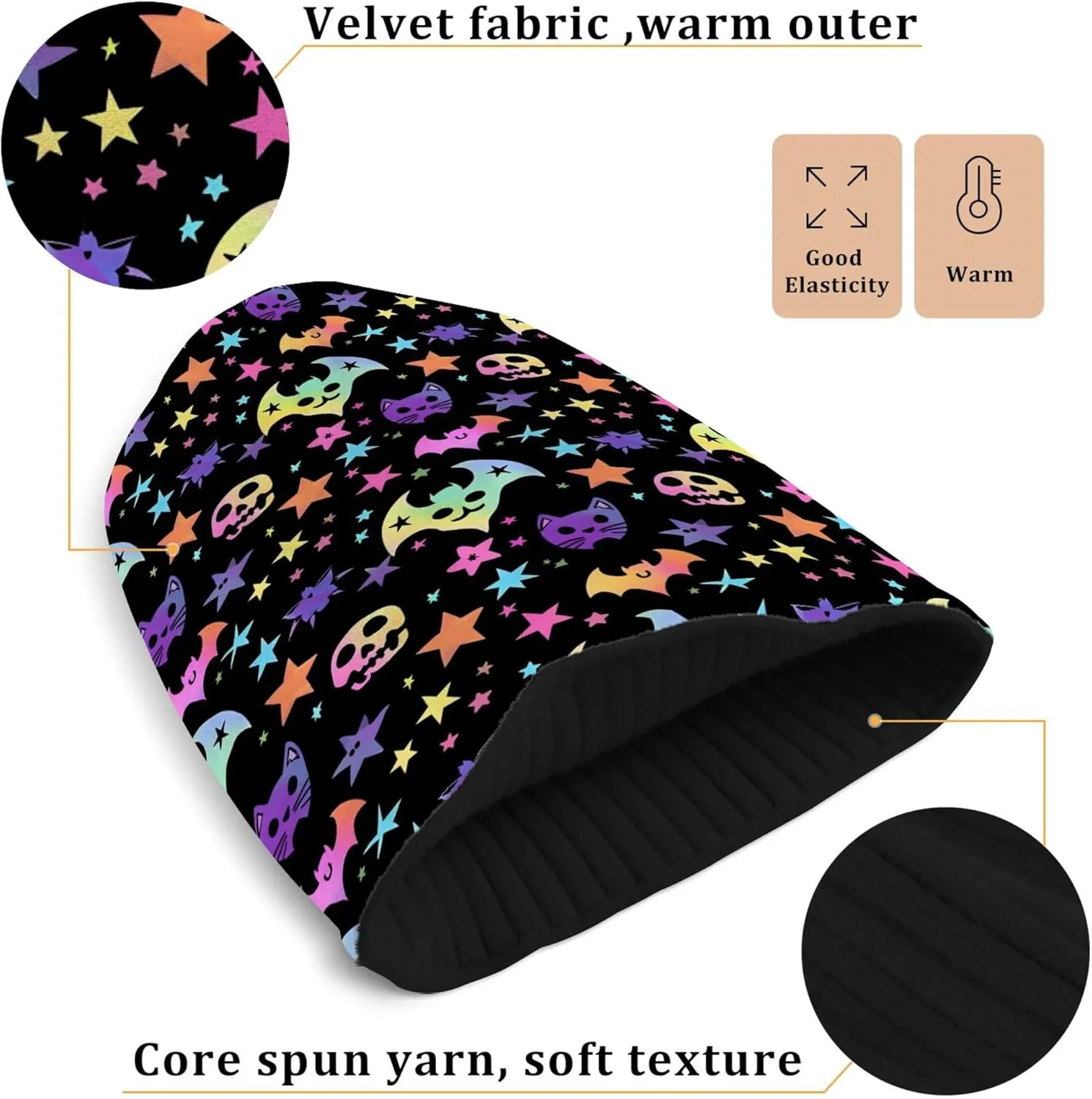 MNSRUU Black Beanie Hat Neon Purple and Bats Stars and Moons Beanie Hat for Men Women Beanie Cap Roll-up Edge Skullcap