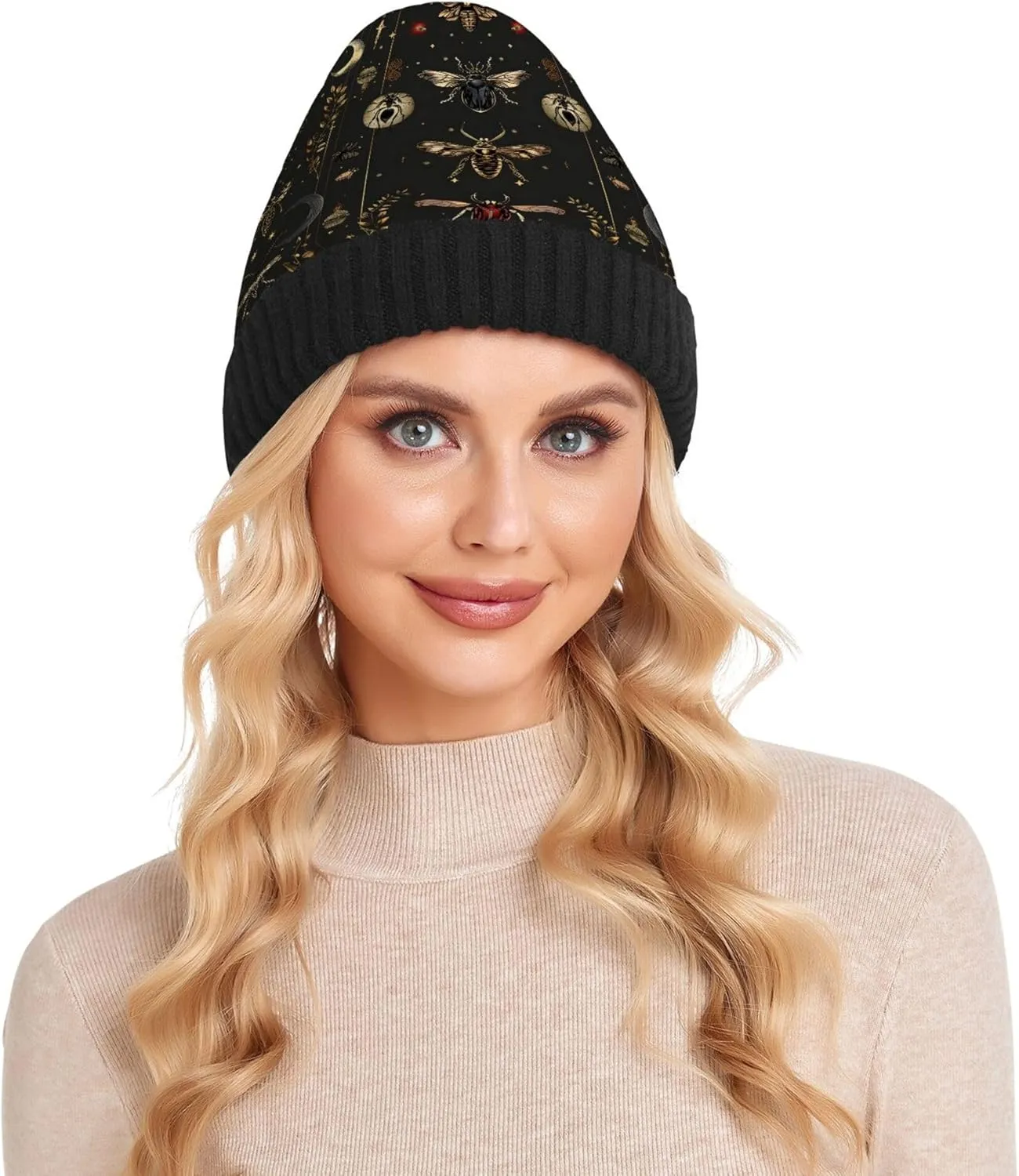 MNSRUU Black Beanie Hat Neon Purple and Bats Stars and Moons Beanie Hat for Men Women Beanie Cap Roll-up Edge Skullcap