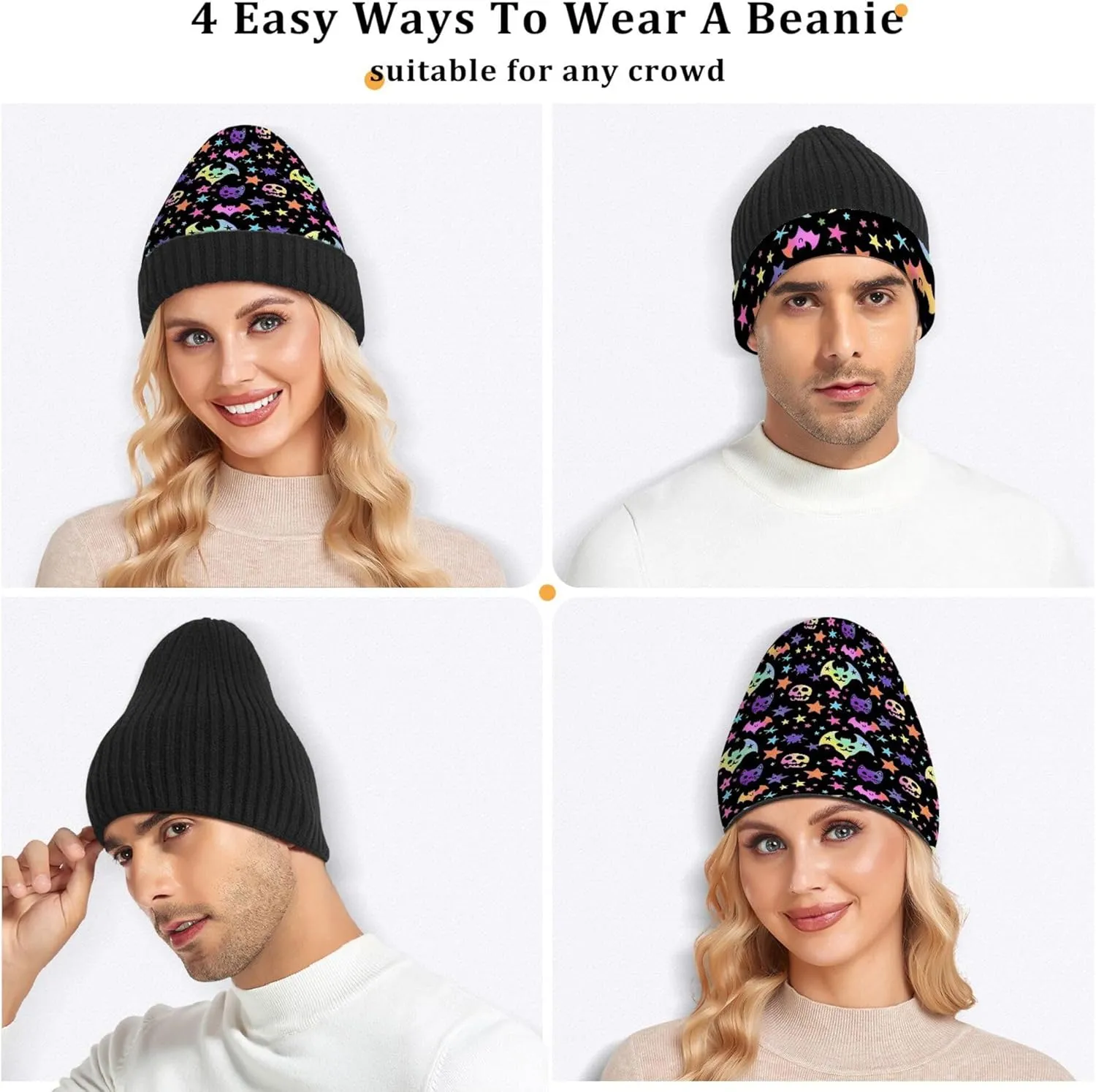 MNSRUU Black Beanie Hat Neon Purple and Bats Stars and Moons Beanie Hat for Men Women Beanie Cap Roll-up Edge Skullcap