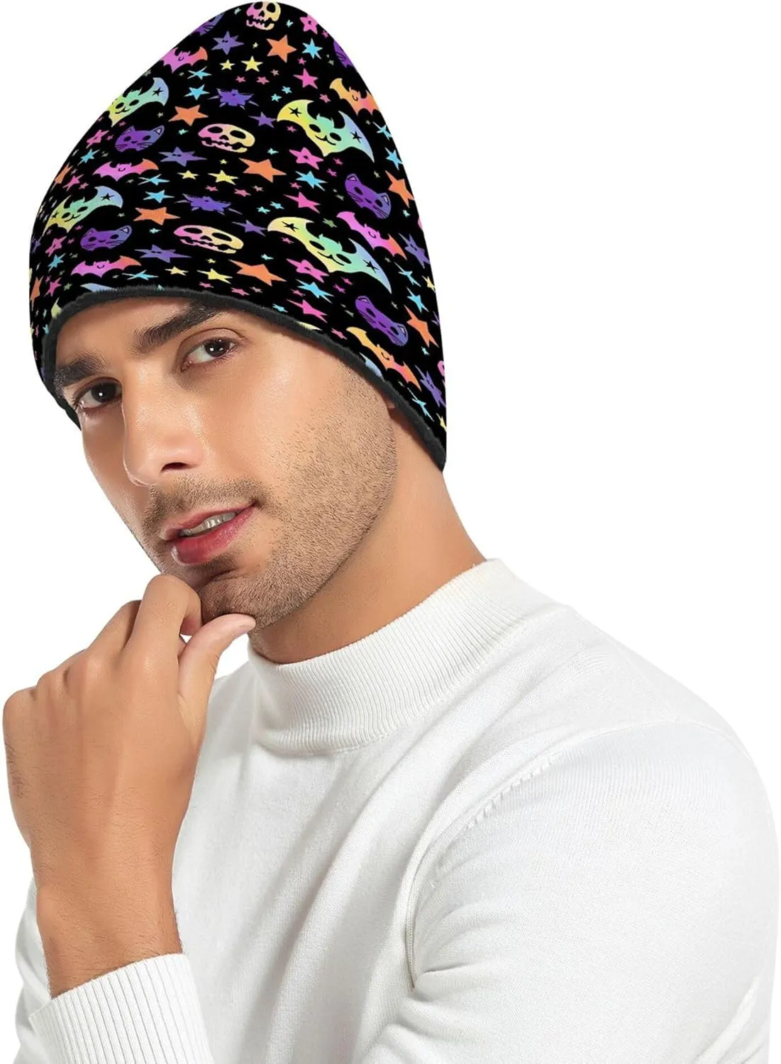 MNSRUU Black Beanie Hat Neon Purple and Bats Stars and Moons Beanie Hat for Men Women Beanie Cap Roll-up Edge Skullcap