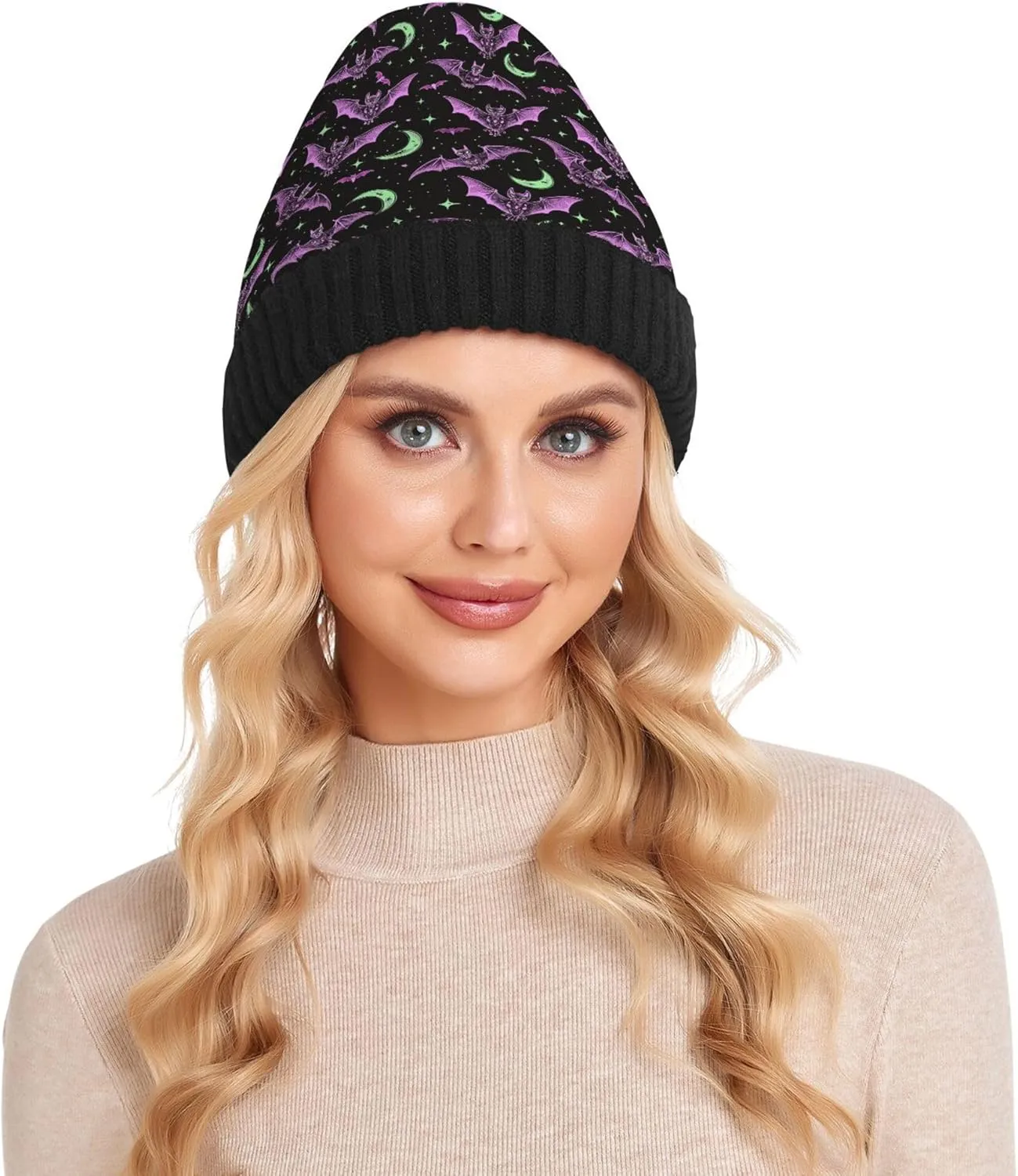 MNSRUU Black Beanie Hat Unicorn Moon Beanie Hat for Men Women Beanie Cap Roll-up Edge Skullcap
