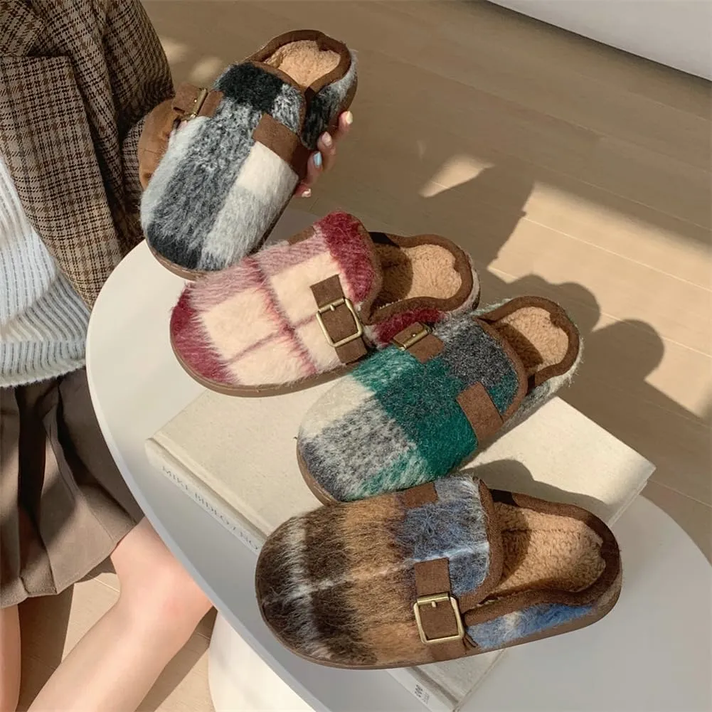 Molodo Plush Checkered Women's Slippers Two-Tone Plaid Colors Winter Warm Slippers Furry Anti-skid House Shoes Indoor Outdoor