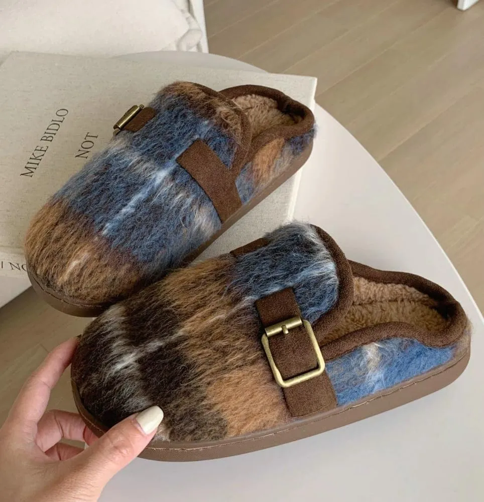 Molodo Plush Checkered Women's Slippers Two-Tone Plaid Colors Winter Warm Slippers Furry Anti-skid House Shoes Indoor Outdoor