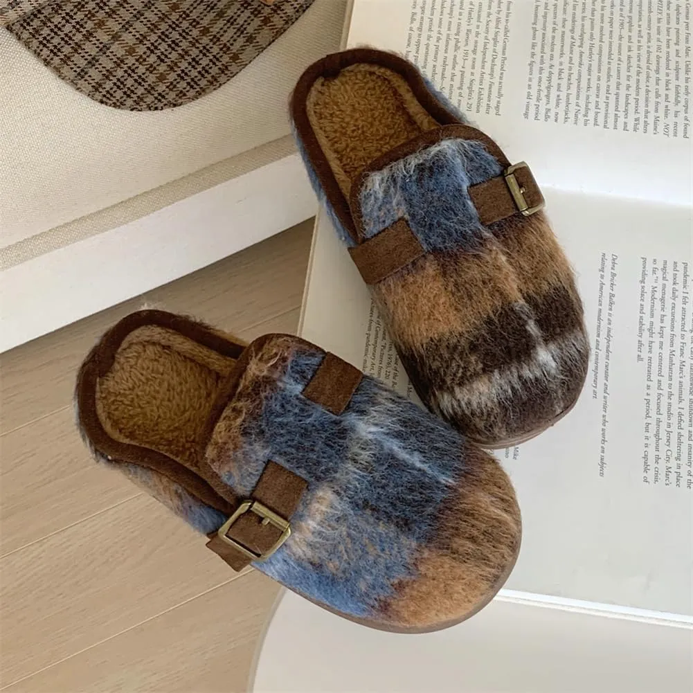 Molodo Plush Checkered Women's Slippers Two-Tone Plaid Colors Winter Warm Slippers Furry Anti-skid House Shoes Indoor Outdoor