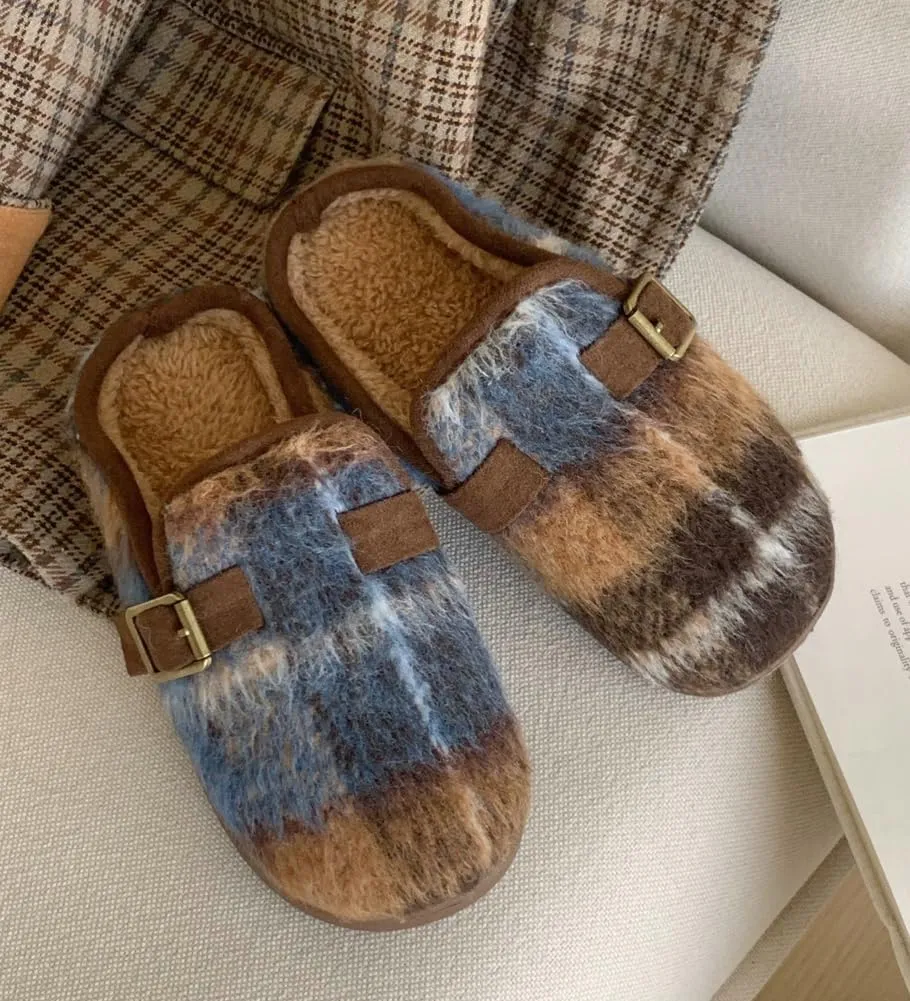 Molodo Plush Checkered Women's Slippers Two-Tone Plaid Colors Winter Warm Slippers Furry Anti-skid House Shoes Indoor Outdoor
