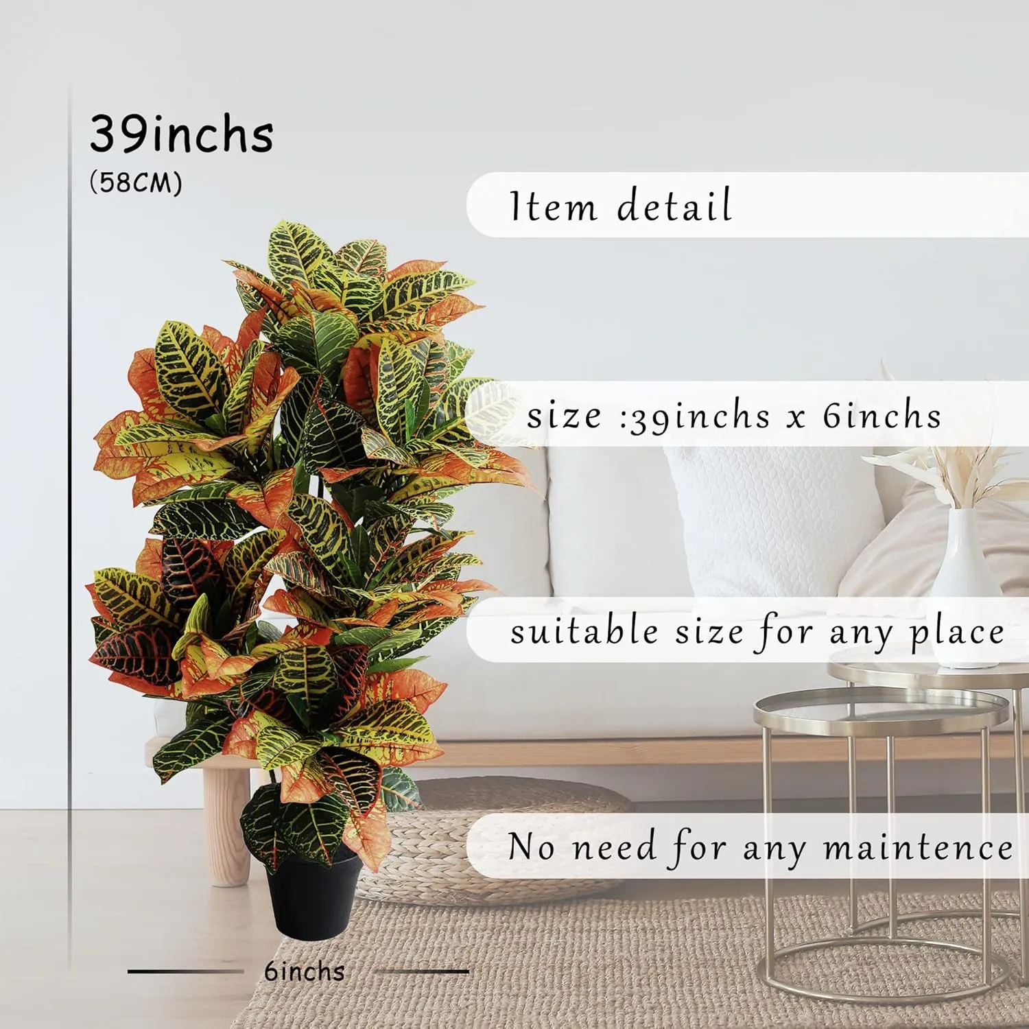 momoplant Artificial Croton Plant, 39inch Faux Fiddle Leaf fig Tree, Artificial Trees for Home Decor, Ficus Lyrata Tree with Plastic Pot, Silk Plants for Home Decor Indoor