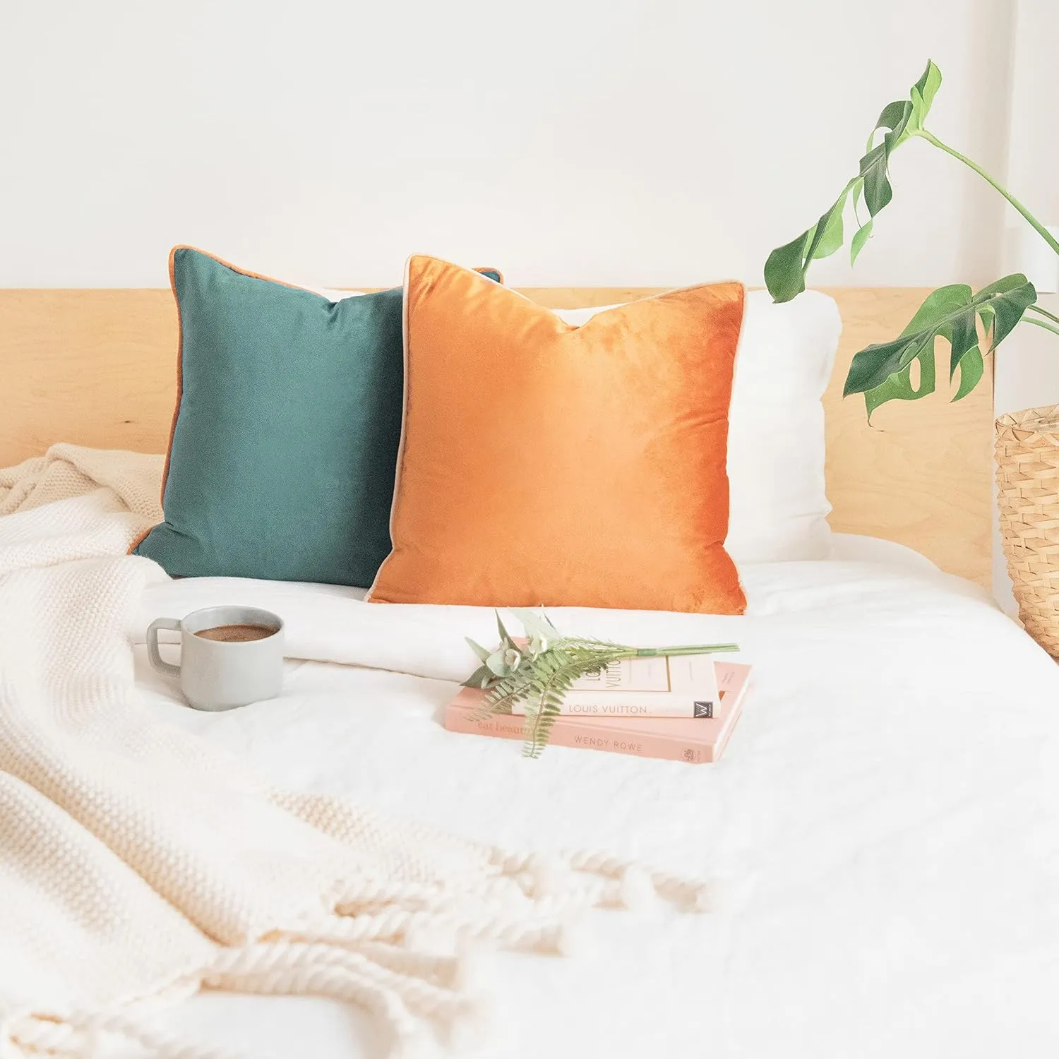 MONDAY MOOSE Decorative Throw Pillow Covers Cushion Cases, Set of 2 Soft Velvet Modern Double-Sided Designs, Mix and Match for Home Decor, Pillow Inserts Not Included (18x18 inch, Orange/Green)
