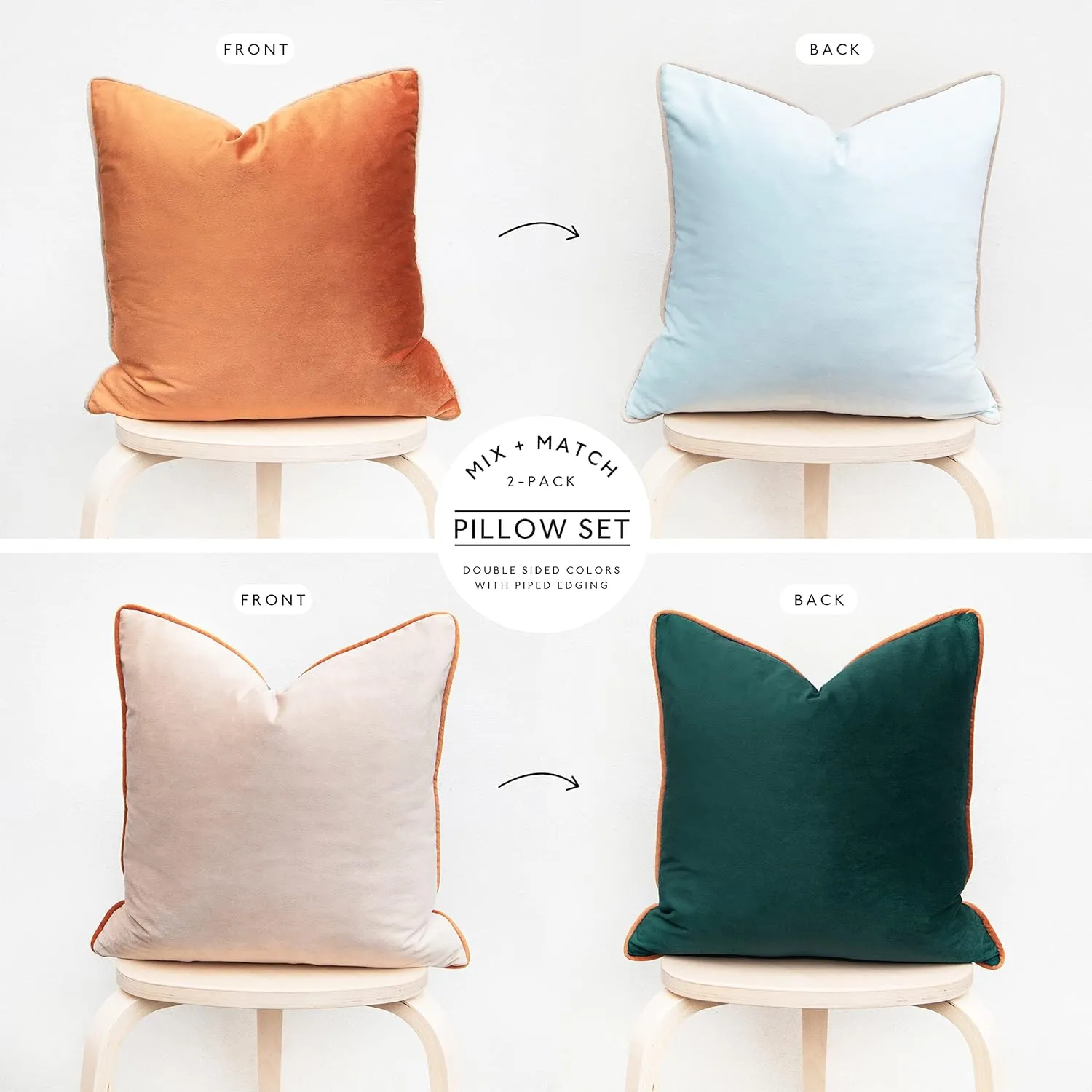 MONDAY MOOSE Decorative Throw Pillow Covers Cushion Cases, Set of 2 Soft Velvet Modern Double-Sided Designs, Mix and Match for Home Decor, Pillow Inserts Not Included (18x18 inch, Orange/Green)