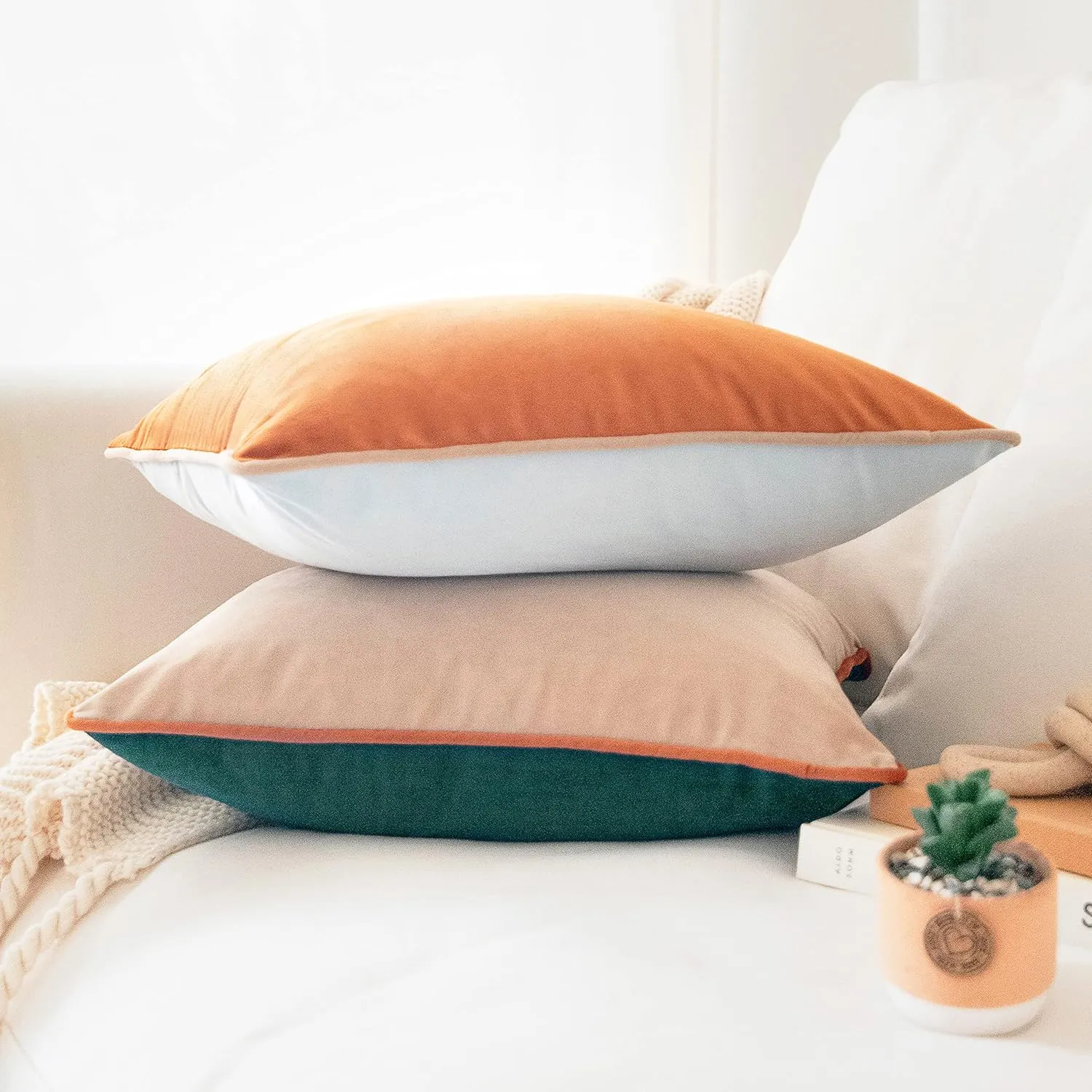 MONDAY MOOSE Decorative Throw Pillow Covers Cushion Cases, Set of 2 Soft Velvet Modern Double-Sided Designs, Mix and Match for Home Decor, Pillow Inserts Not Included (18x18 inch, Orange/Green)