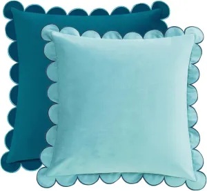 MONDAY MOOSE Decorative Throw Pillow Covers Cushion Cases, Set of 2 Soft Velvet Scalloped Round Edge Designs, Mix and Match for Home Decor, Pillow Inserts Not Included (Blue/Light Blue, 18x18 inch)