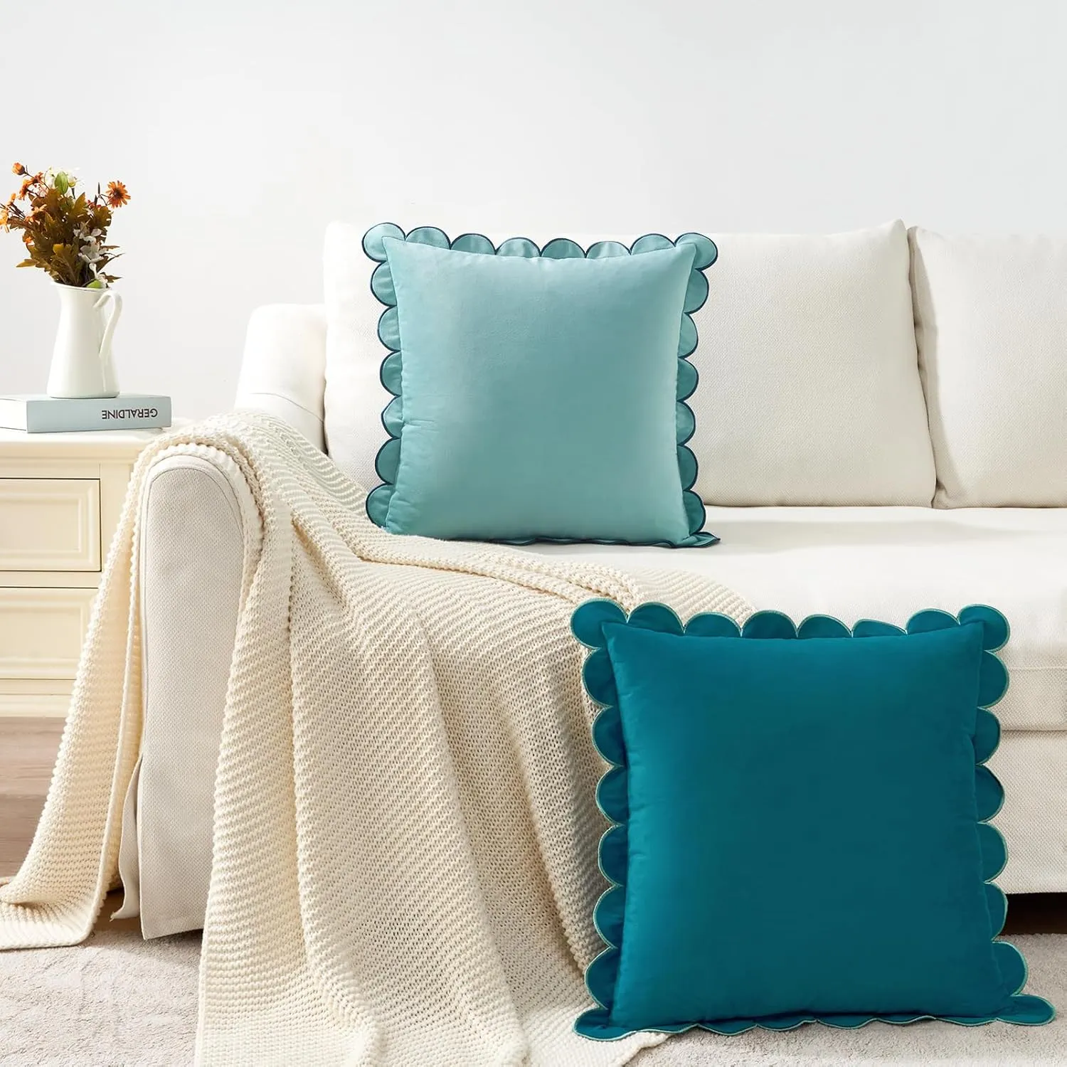 MONDAY MOOSE Decorative Throw Pillow Covers Cushion Cases, Set of 2 Soft Velvet Scalloped Round Edge Designs, Mix and Match for Home Decor, Pillow Inserts Not Included (Blue/Light Blue, 18x18 inch)