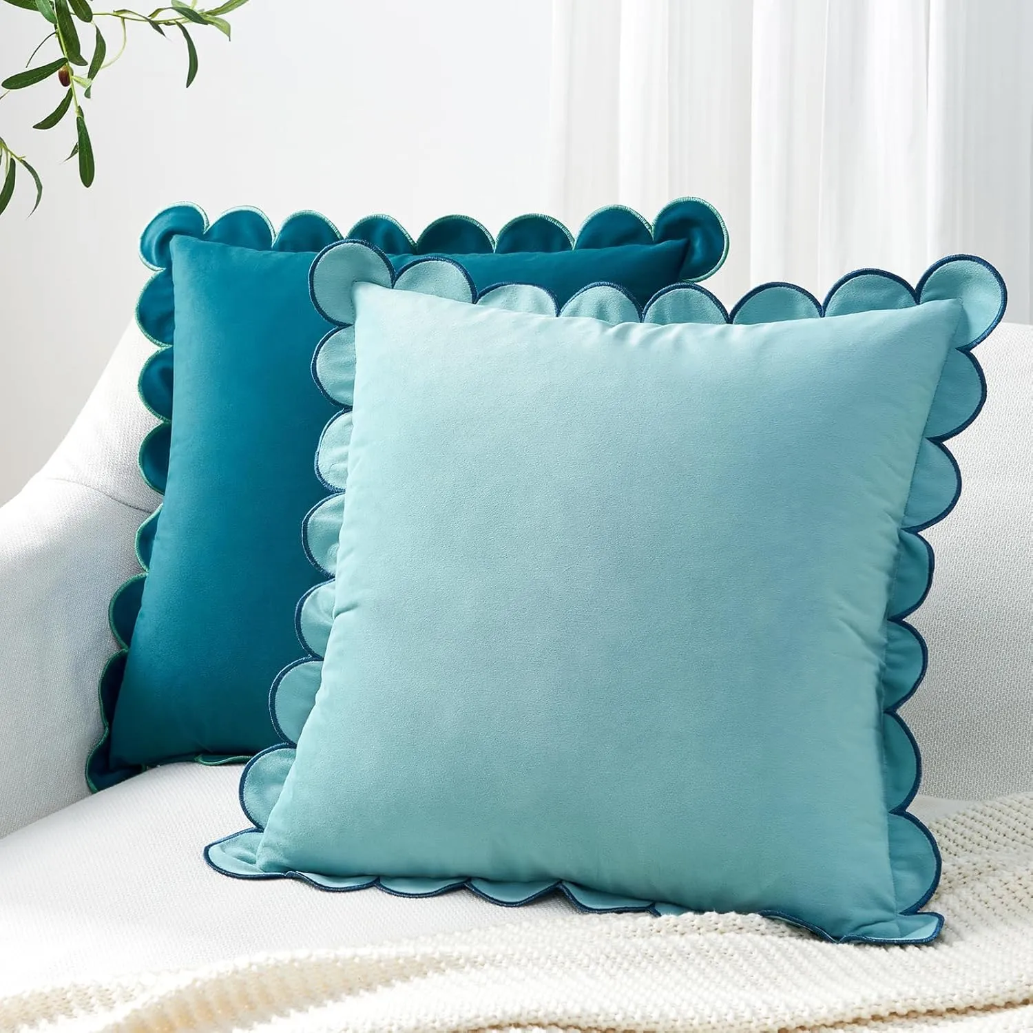 MONDAY MOOSE Decorative Throw Pillow Covers Cushion Cases, Set of 2 Soft Velvet Scalloped Round Edge Designs, Mix and Match for Home Decor, Pillow Inserts Not Included (Blue/Light Blue, 18x18 inch)