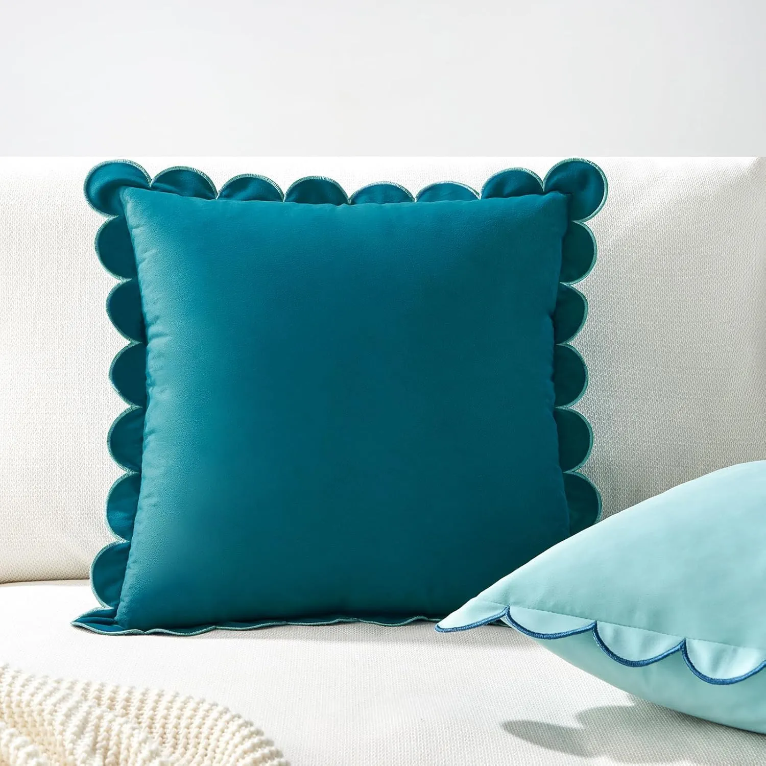 MONDAY MOOSE Decorative Throw Pillow Covers Cushion Cases, Set of 2 Soft Velvet Scalloped Round Edge Designs, Mix and Match for Home Decor, Pillow Inserts Not Included (Blue/Light Blue, 18x18 inch)