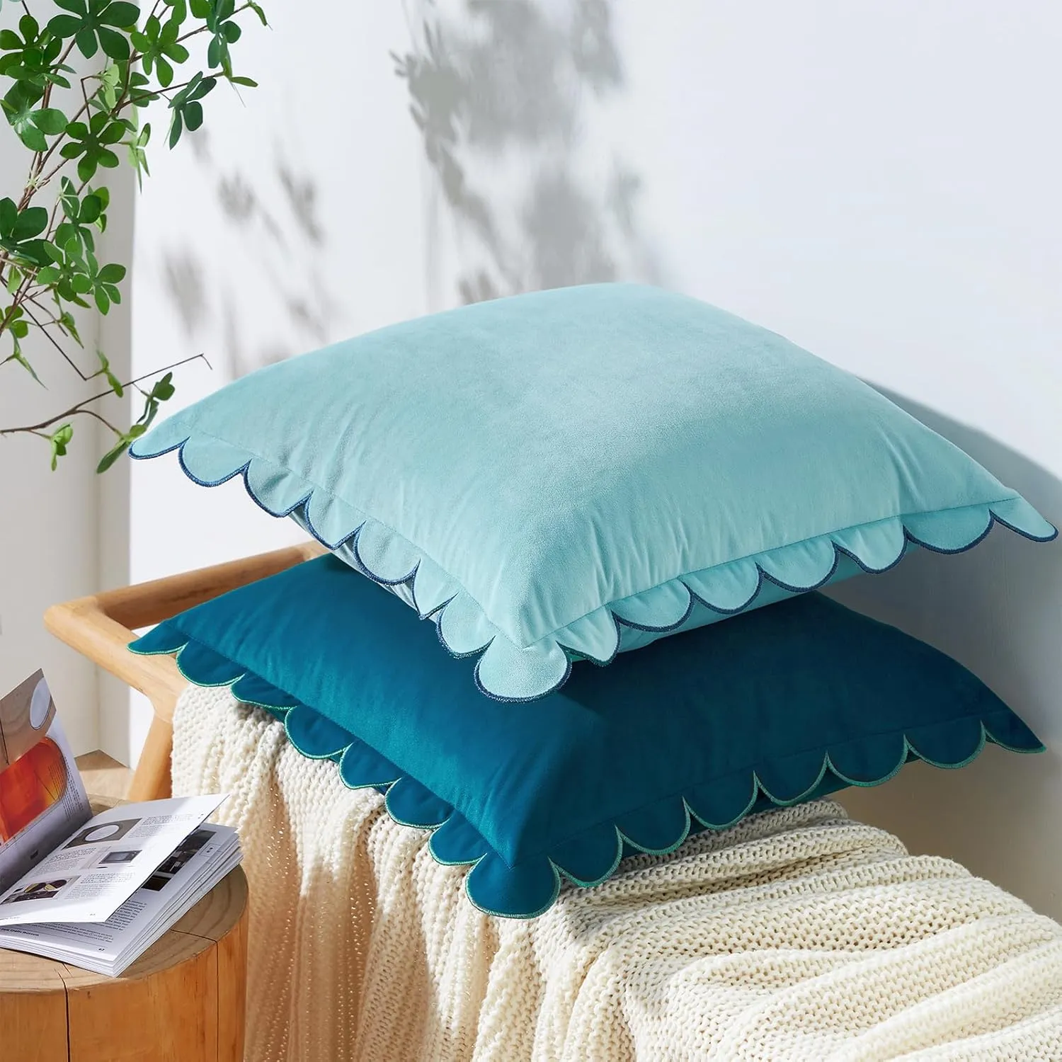 MONDAY MOOSE Decorative Throw Pillow Covers Cushion Cases, Set of 2 Soft Velvet Scalloped Round Edge Designs, Mix and Match for Home Decor, Pillow Inserts Not Included (Blue/Light Blue, 18x18 inch)