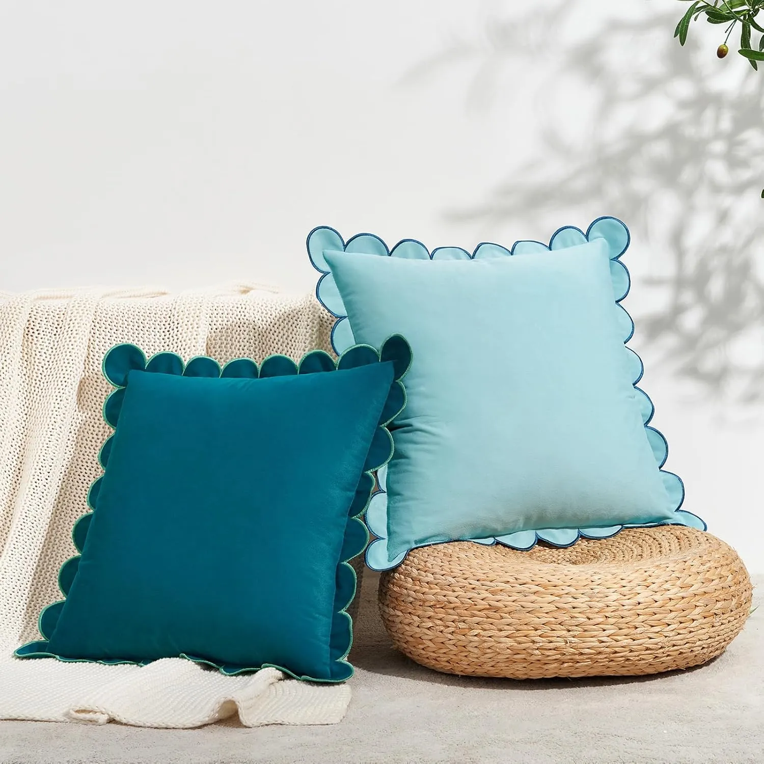 MONDAY MOOSE Decorative Throw Pillow Covers Cushion Cases, Set of 2 Soft Velvet Scalloped Round Edge Designs, Mix and Match for Home Decor, Pillow Inserts Not Included (Blue/Light Blue, 18x18 inch)