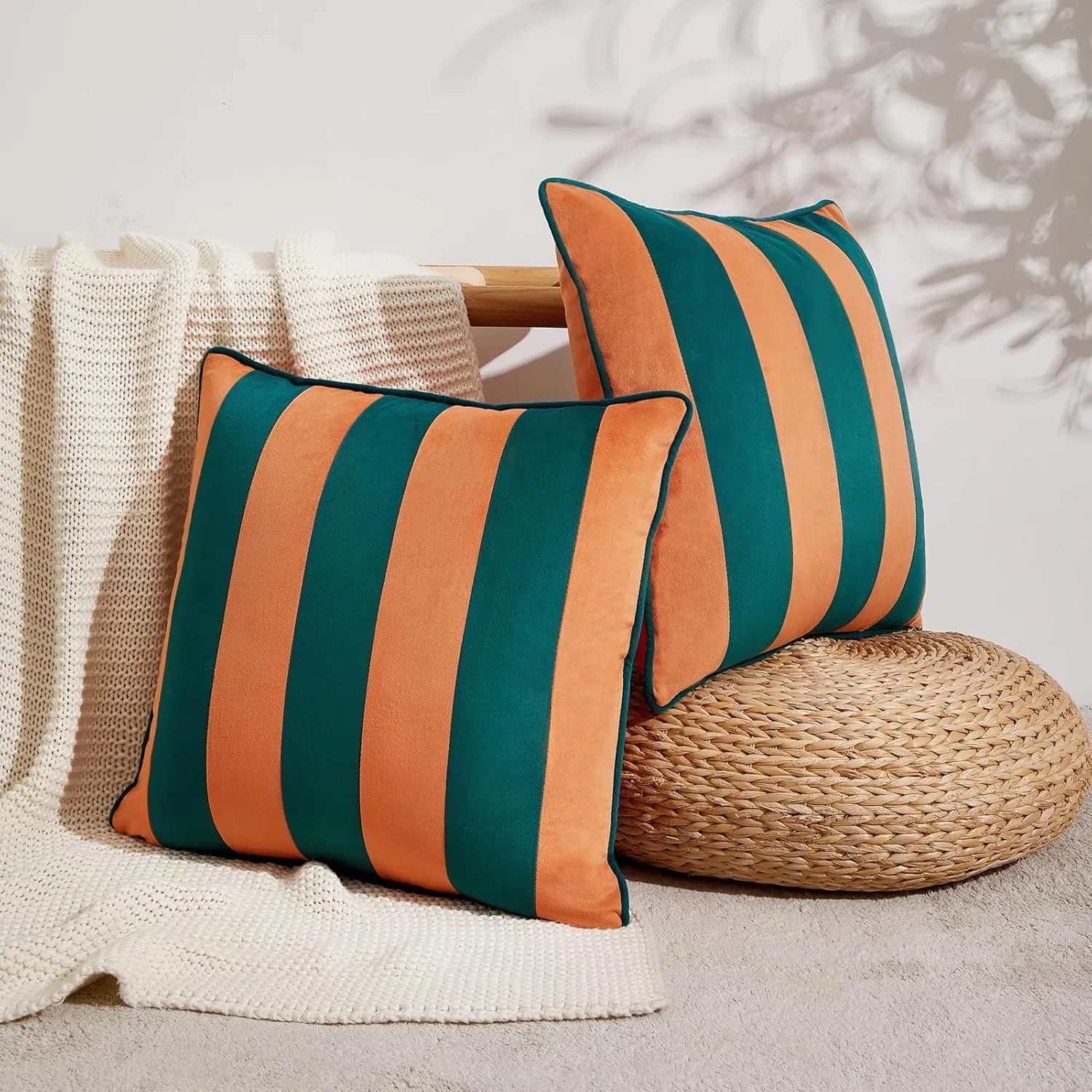 MONDAY MOOSE Decorative Throw Pillow Covers Cushion Cases, Set of 2 Soft Velvet Striped Piping Edge Designs, Pillow Inserts Not Included (Coral/Dark Teal, 16x16 inch)
