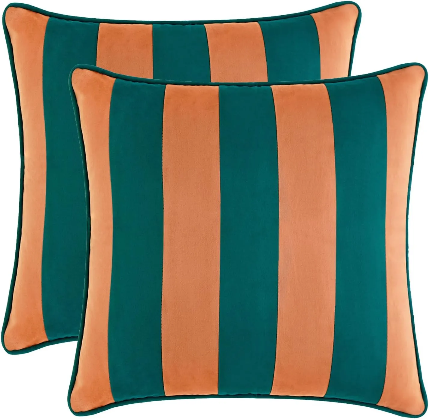 MONDAY MOOSE Decorative Throw Pillow Covers Cushion Cases, Set of 2 Soft Velvet Striped Piping Edge Designs, Pillow Inserts Not Included (Coral/Dark Teal, 16x16 inch)