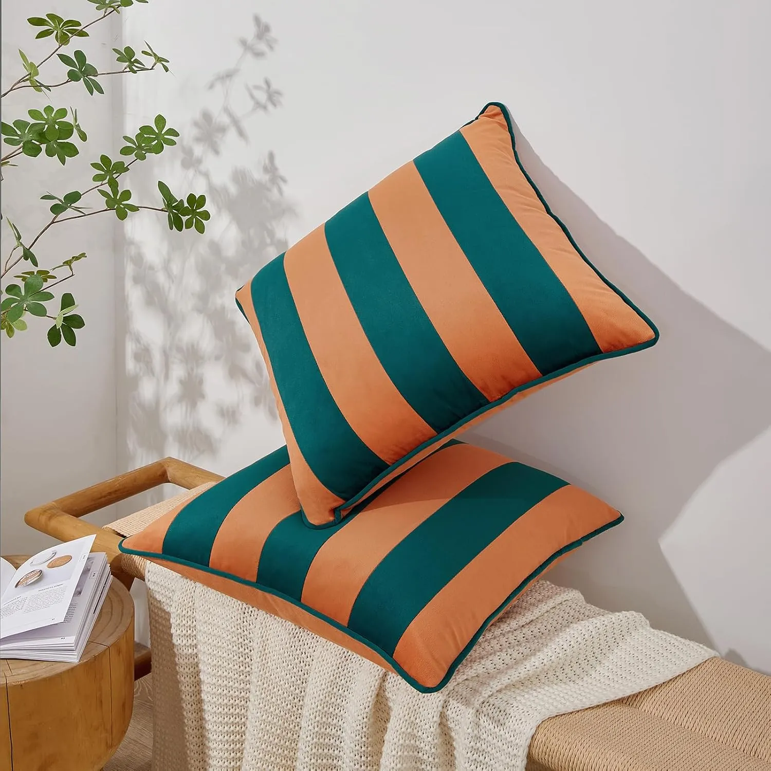 MONDAY MOOSE Decorative Throw Pillow Covers Cushion Cases, Set of 2 Soft Velvet Striped Piping Edge Designs, Pillow Inserts Not Included (Coral/Dark Teal, 16x16 inch)