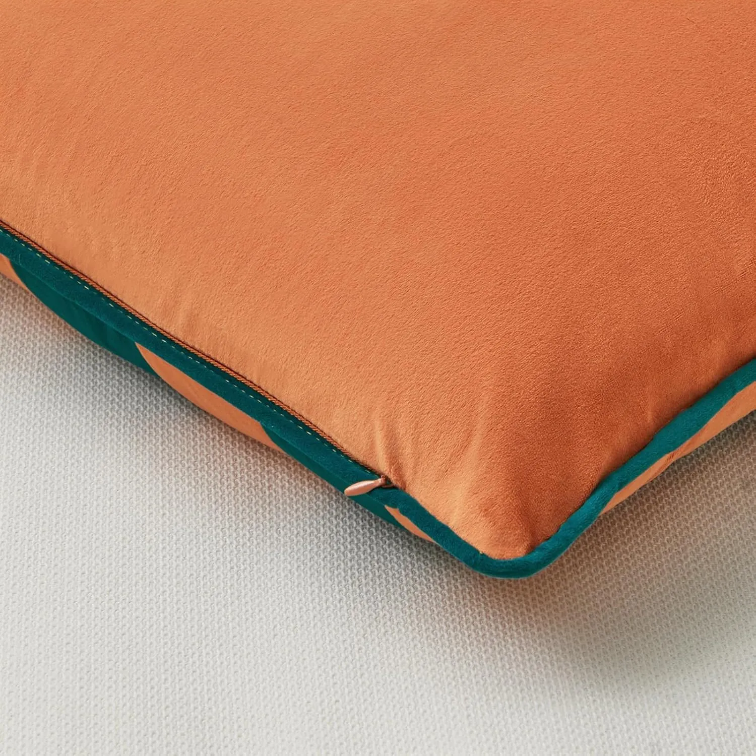 MONDAY MOOSE Decorative Throw Pillow Covers Cushion Cases, Set of 2 Soft Velvet Striped Piping Edge Designs, Pillow Inserts Not Included (Coral/Dark Teal, 16x16 inch)