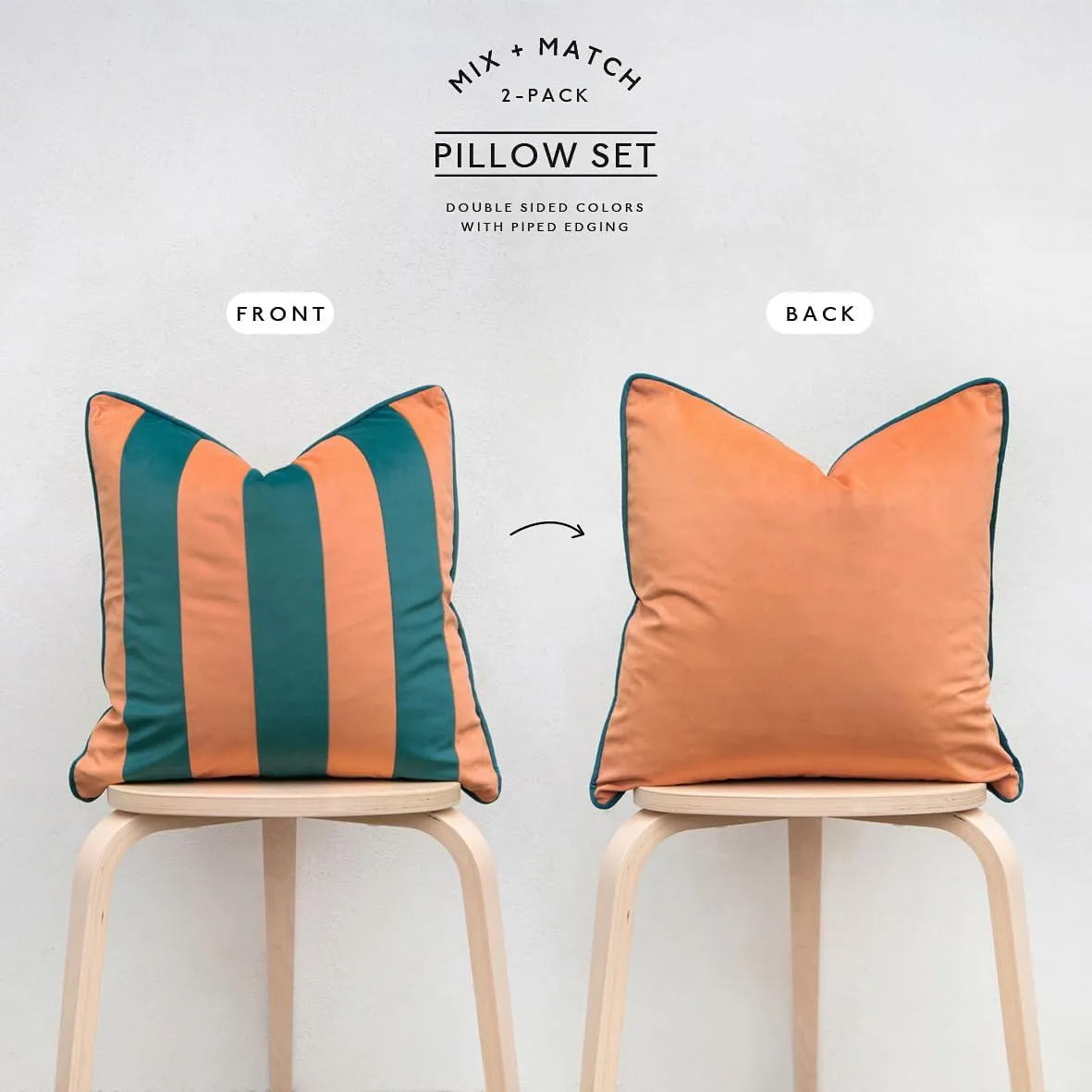 MONDAY MOOSE Decorative Throw Pillow Covers Cushion Cases, Set of 2 Soft Velvet Striped Piping Edge Designs, Pillow Inserts Not Included (Coral/Dark Teal, 16x16 inch)