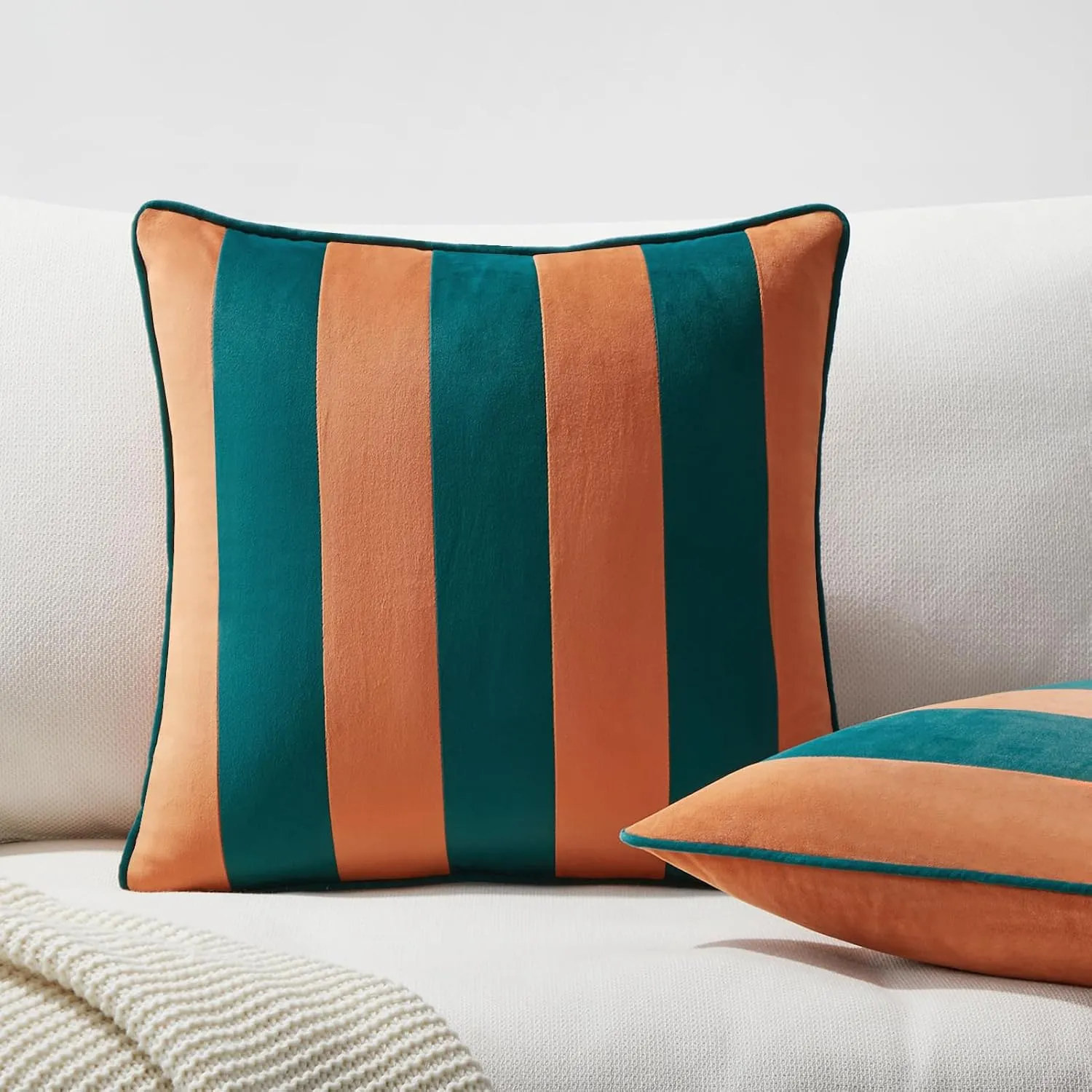 MONDAY MOOSE Decorative Throw Pillow Covers Cushion Cases, Set of 2 Soft Velvet Striped Piping Edge Designs, Pillow Inserts Not Included (Coral/Dark Teal, 16x16 inch)