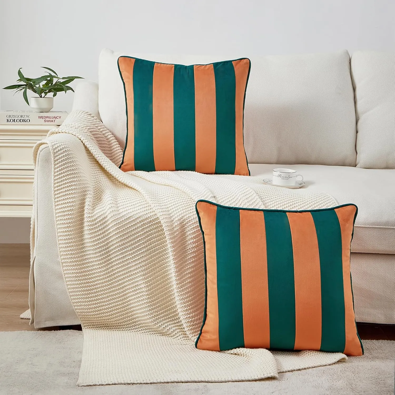 MONDAY MOOSE Decorative Throw Pillow Covers Cushion Cases, Set of 2 Soft Velvet Striped Piping Edge Designs, Pillow Inserts Not Included (Coral/Dark Teal, 16x16 inch)