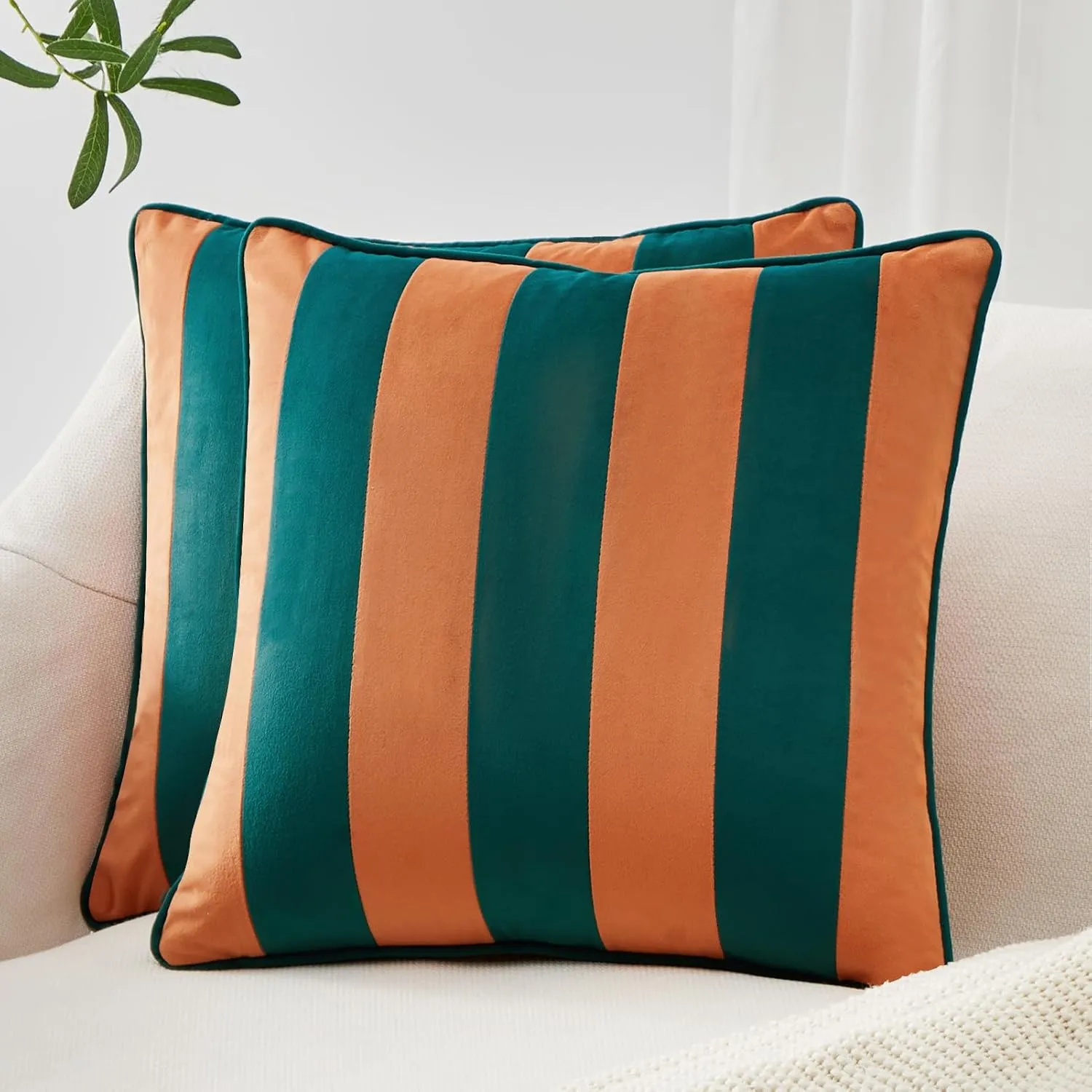 MONDAY MOOSE Decorative Throw Pillow Covers Cushion Cases, Set of 2 Soft Velvet Striped Piping Edge Designs, Pillow Inserts Not Included (Coral/Dark Teal, 16x16 inch)