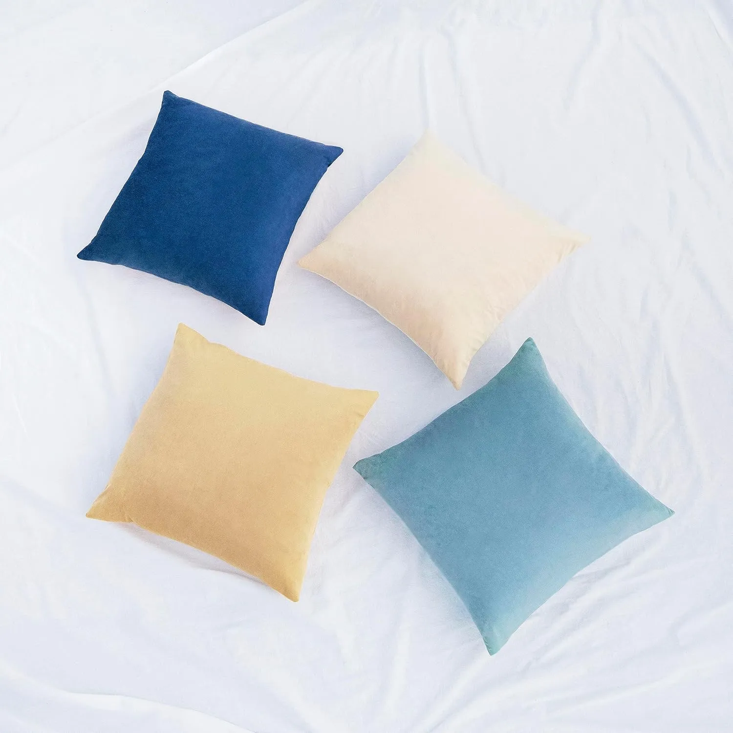 MONDAY MOOSE Decorative Throw Pillow Covers Cushion Cases, Set of 4 Soft Velvet Modern Designs, Mix and Match for Home Decor, Pillow Inserts Not Included (18x18 inch, Blue/Beige)