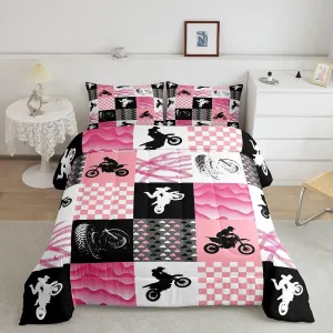 Motocross Comforter Set, Dirt Bike Bedding Sets & Collections Twin, Motorcycle Rider Down Comforter For Kids Boys Girls, Motorbike Extreme Sport Game Comforter Set, Buffalo Plaid, Pink Grey Black