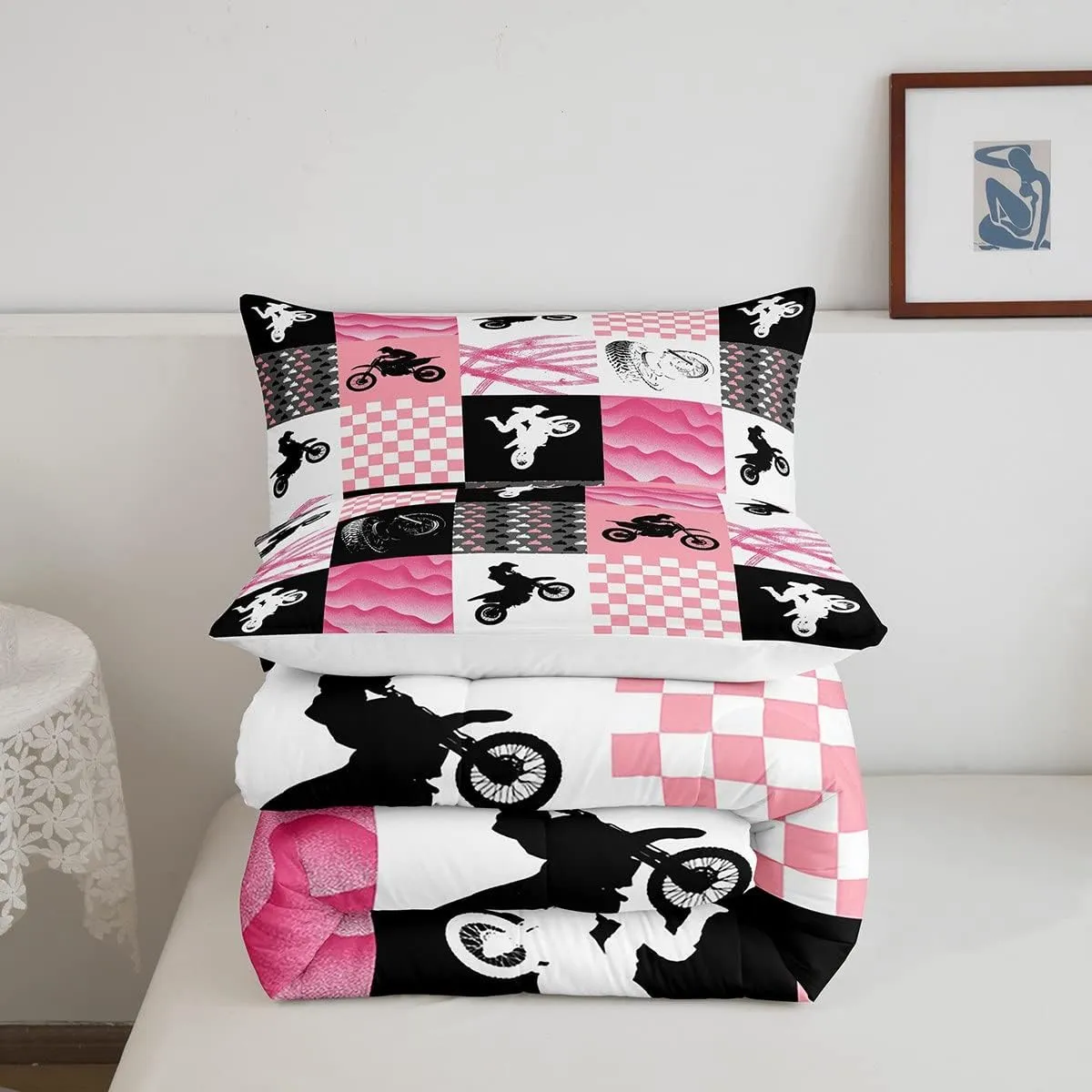 Motocross Comforter Set, Dirt Bike Bedding Sets & Collections Twin, Motorcycle Rider Down Comforter For Kids Boys Girls, Motorbike Extreme Sport Game Comforter Set, Buffalo Plaid, Pink Grey Black