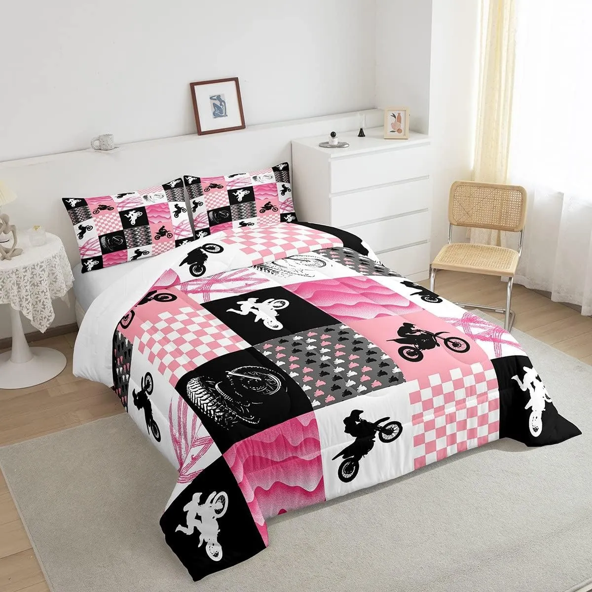 Motocross Comforter Set, Dirt Bike Bedding Sets & Collections Twin, Motorcycle Rider Down Comforter For Kids Boys Girls, Motorbike Extreme Sport Game Comforter Set, Buffalo Plaid, Pink Grey Black