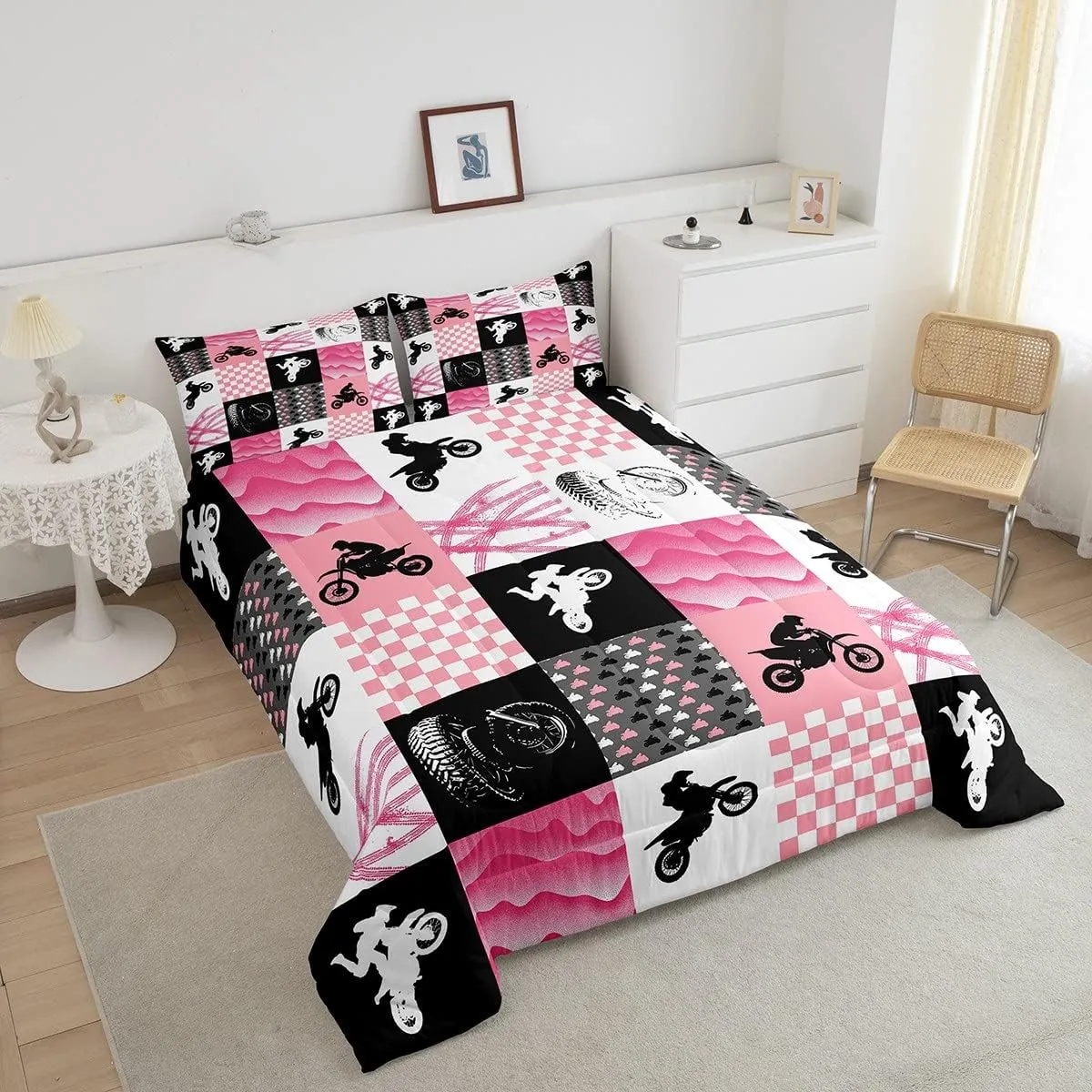 Motocross Comforter Set, Dirt Bike Bedding Sets & Collections Twin, Motorcycle Rider Down Comforter For Kids Boys Girls, Motorbike Extreme Sport Game Comforter Set, Buffalo Plaid, Pink Grey Black