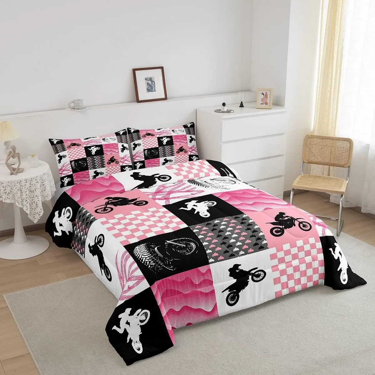 Motocross Comforter Set, Dirt Bike Bedding Sets & Collections Twin, Motorcycle Rider Down Comforter For Kids Boys Girls, Motorbike Extreme Sport Game Comforter Set, Buffalo Plaid, Pink Grey Black