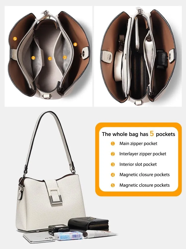 Multi-Compartment Leather Cross Body Bag For Women Shoulder, Bucket Purses with 2 Straps