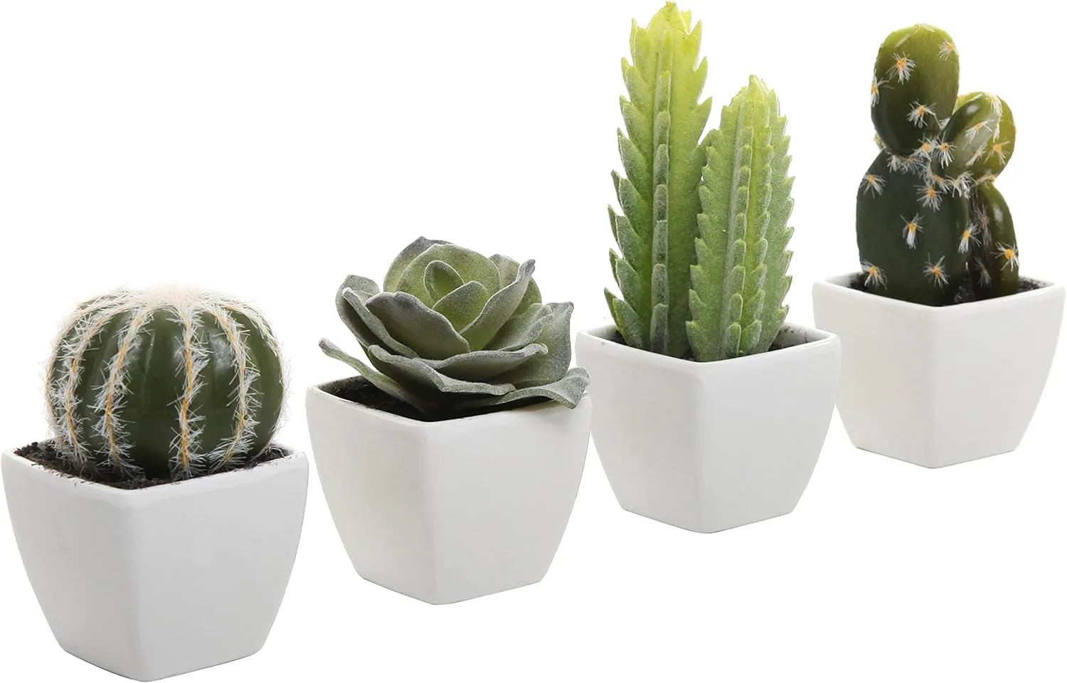 MyGift Set of 4 Assorted Miniature Artificial Succulent & Cactus Plants in White Cube-Shaped Pots