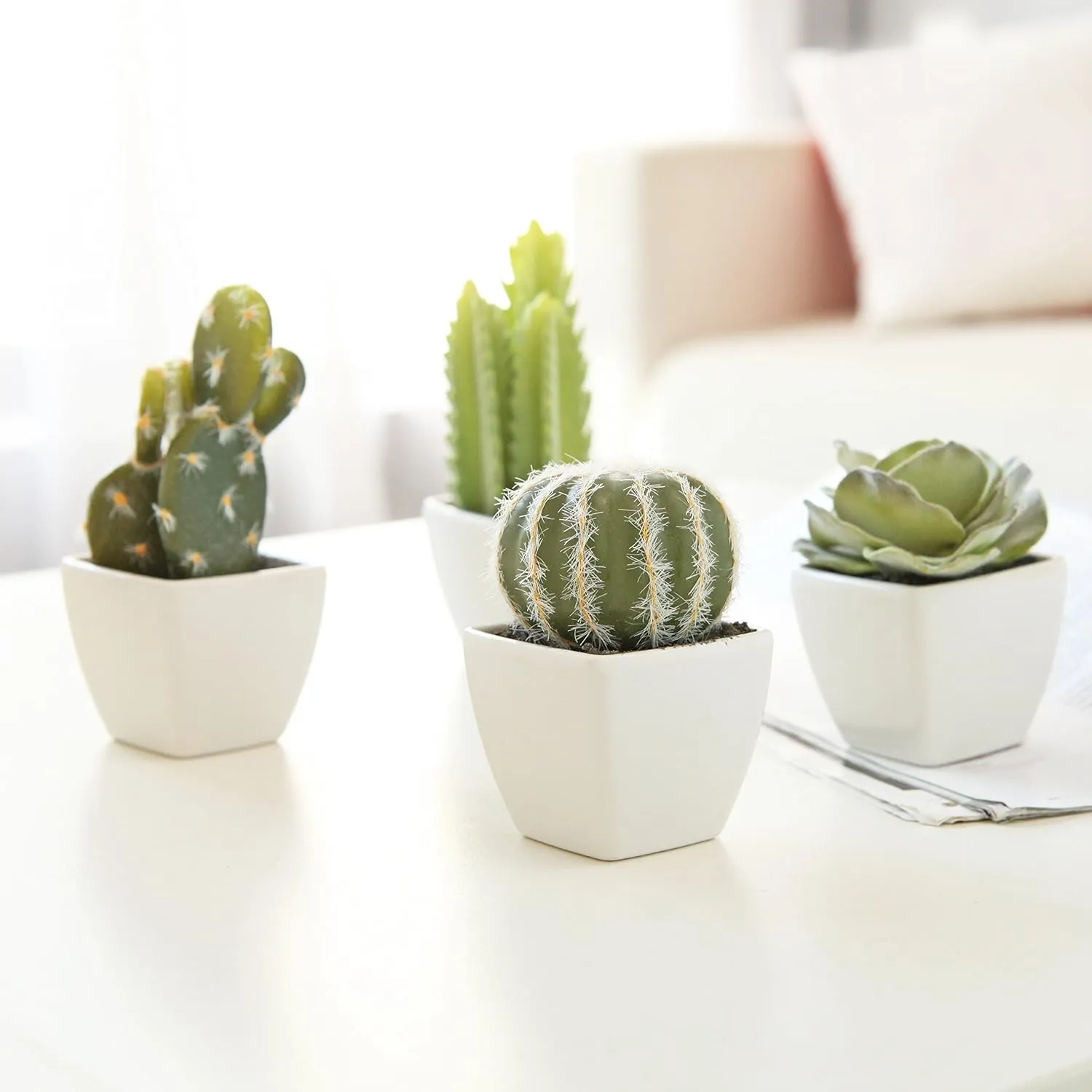 MyGift Set of 4 Assorted Miniature Artificial Succulent & Cactus Plants in White Cube-Shaped Pots